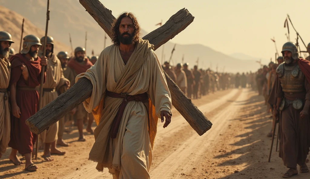 "Jesus Christ walking towards his crucifixion, carrying a heavy cross on his back. The scene should be cinematic in style, with maximum quality and advanced levels of detail. The setting is arid, with a dramatic sky, dark clouds foreshadowing the tragedy. Jesus, visibly exhausted and wounded, shows an expression of determination and suffering. His feet leave marks in the dusty ground as the rough wooden cross weighs heavily on his shoulders. Around him, a crowd watches in silence, some with expressions of compassion, others with indifference. The details should capture the texture of the cross, Jesus' torn and blood-stained clothes, and the heavy, emotionally charged atmosphere."