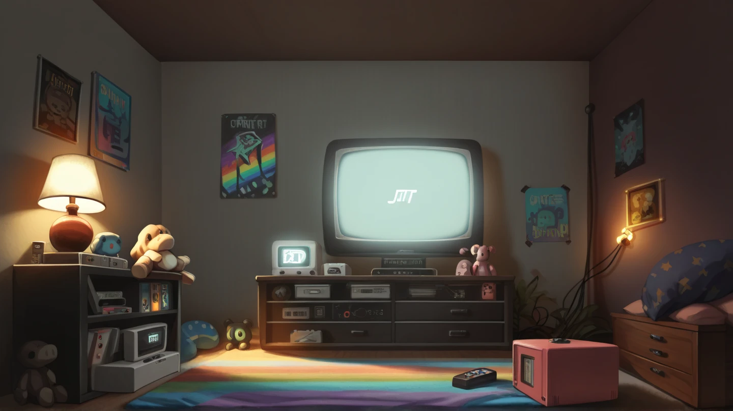 2000s boy bedroom, crt tv, dinosaur toys, focus on the TV on the drawer, big square old tv, cozy bedroom, vhs effect, game loft, ps2 console, warm light, dark room, stuffed room, ps2 game boxes, old music player, cd boxes, colorful room, dim warm light at night, tv in the middle, view focused on tv, 16:9 ratio, closer to tv, tv facing viewer, single tv, joystick on the floor