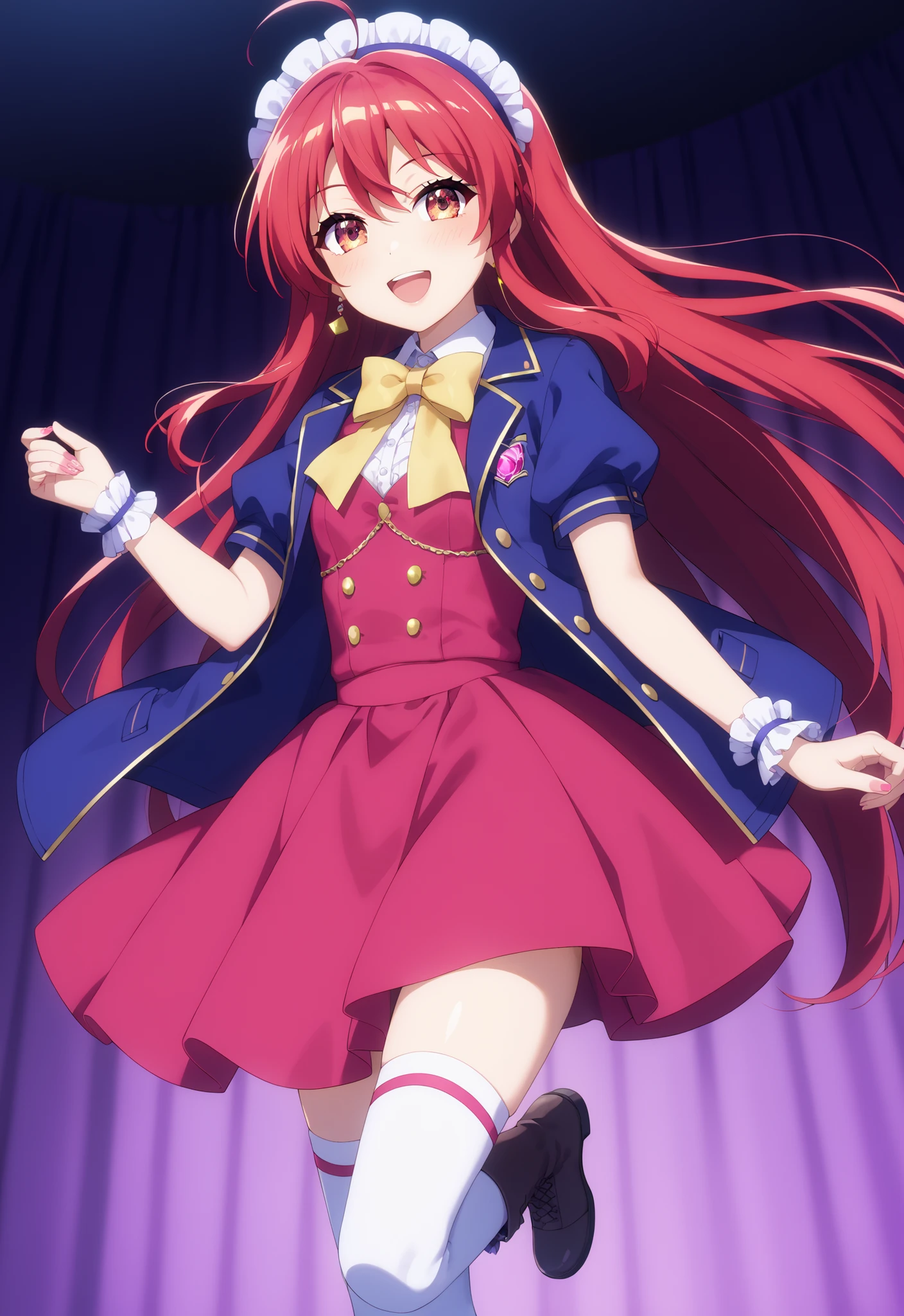score_9, score_8_up, score_7_up, source_anime,,Shana , very long hair, red hair, red eyes, stupid hair,small, small ,smile,blush,open your mouth,idol costume,dress,collared dress,jacket,cropped jacket,Short sleeve,bowtie,bow,button,villages with,(white knee-highs:1.2),boots,アイドル歌手がライブ ステージで熱狂的に歌うシーンillustration,the idol singer stands in the center of the stage, idol singers sing with microphones , idol singers are serious and impressive ,The singer's voice is strong and beautiful. , fans gather around the stage , fans sing and dance with idol singers Idol singers who do things ,The Big Picture, Various colored lights ,,break looking at viewer,full body,
breakindoors,Concert Hall,
break (masterpiece:1.2), best quality, high resolution, Unity 8Kの壁紙, ( illustration :0.8), (beautiful detailed eyes:1.6), Highly Detailed Face, perfect lighting, Highly Detailed CG, (perfect hand in h, perfect anatomy),