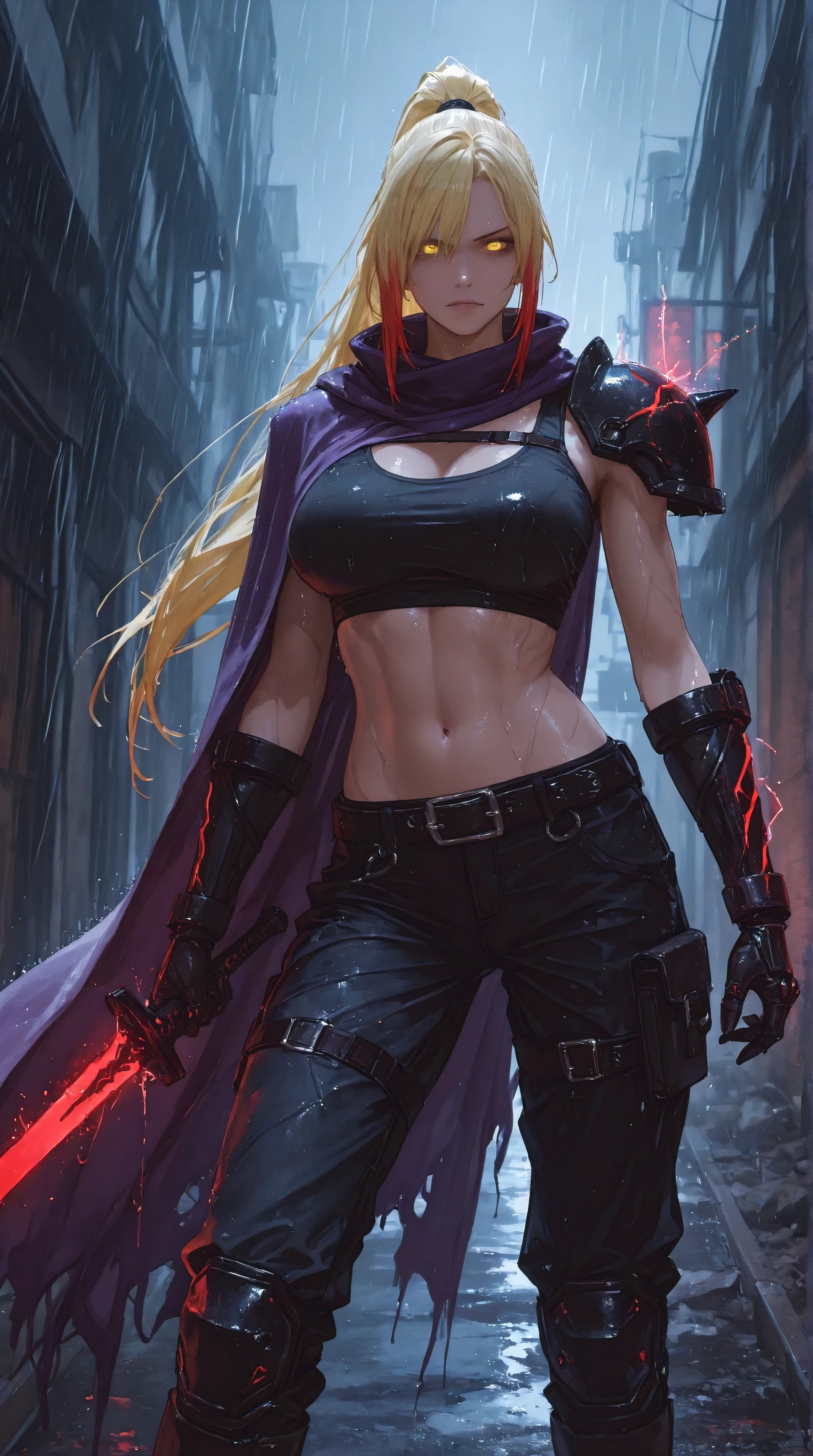 Gothic warrior woman, dark fantasy aesthetic, adult and voluptuous with an athletic body. She stands in a powerful and commanding pose, exuding confidence and intensity. Her glowing yellow eyes shine with a defiant gaze, framed by ash-blonde hair tied in a high ponytail with crimson red tips and a sharp side fringe that falls across her face.
She wears a soaked white tank top, clinging to her toned frame, paired with torn black cargo pants and intricate black gauntlets that leave the inner sides of her arms exposed. A single armored shoulder pad adorns her left side, detailed with ancient engravings. A wide belt with a heavy metallic buckle cinches her waist, supporting a long, tattered purple cape that flows behind her in the storm.
Her boots are armored and dark, featuring sharp knee guards etched with symbols, completing her gothic battle gear. In her hand, she wields a long, black sword glowing with pulsating purple inscriptions — a weapon brimming with dark energy. Her presence radiates tension and power.
The environment is a ruined futuristic cityscape bathed in light purple neon, with fractured buildings, flickering signage, and sparks from broken circuits. Lightning cracks through the sky, thunder rolling in the distance, and gentle rain falls, drenching her outfit and adding dramatic sheen to her figure and surroundings.
Art style: ultra-detailed digital painting, cinematic lighting, 4K quality, rain and mist effects, strong contrast between dark tones and glowing elements, highly stylized anime, charged with emotion and power.