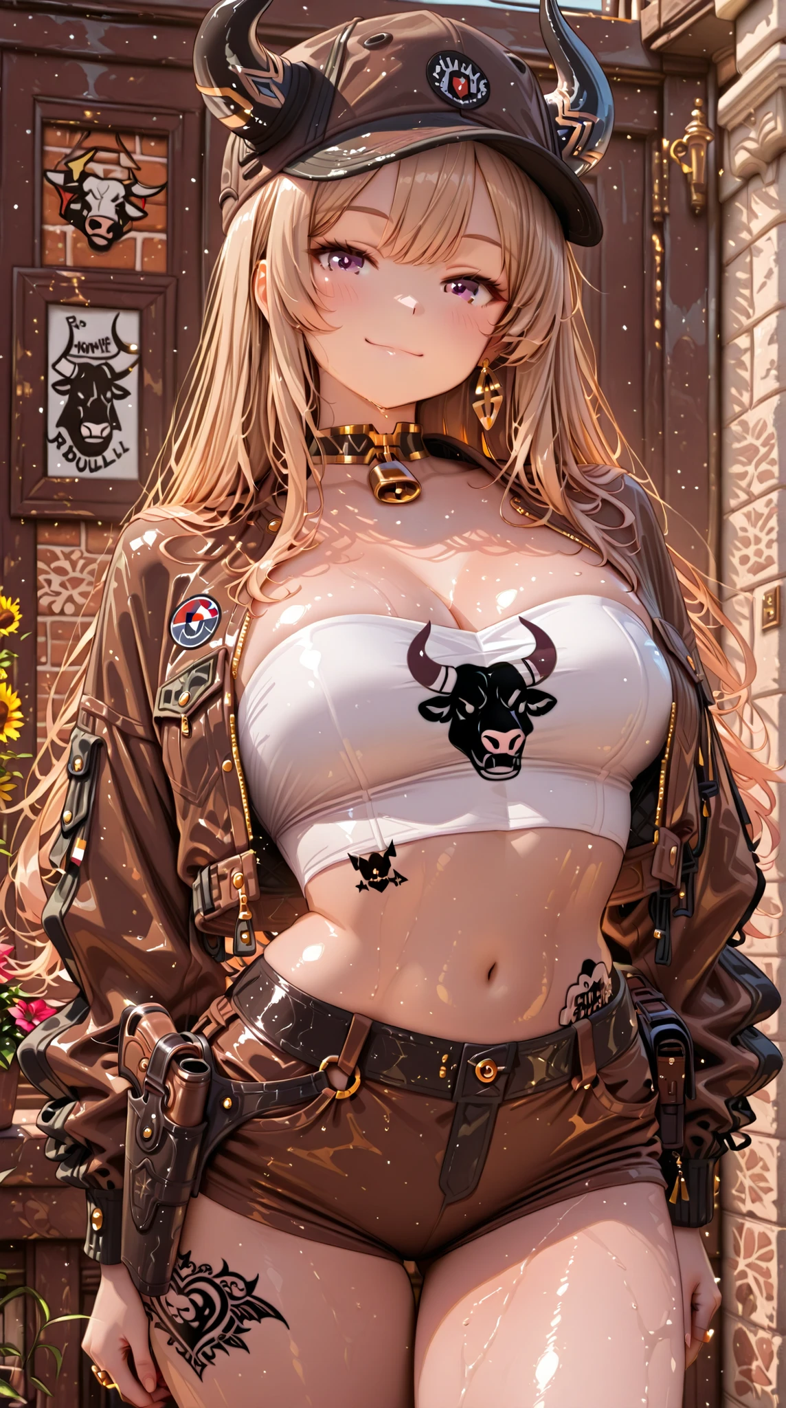 female, strapless bikini, crop top jacket, hat, smile, holster, Bull tattoo,