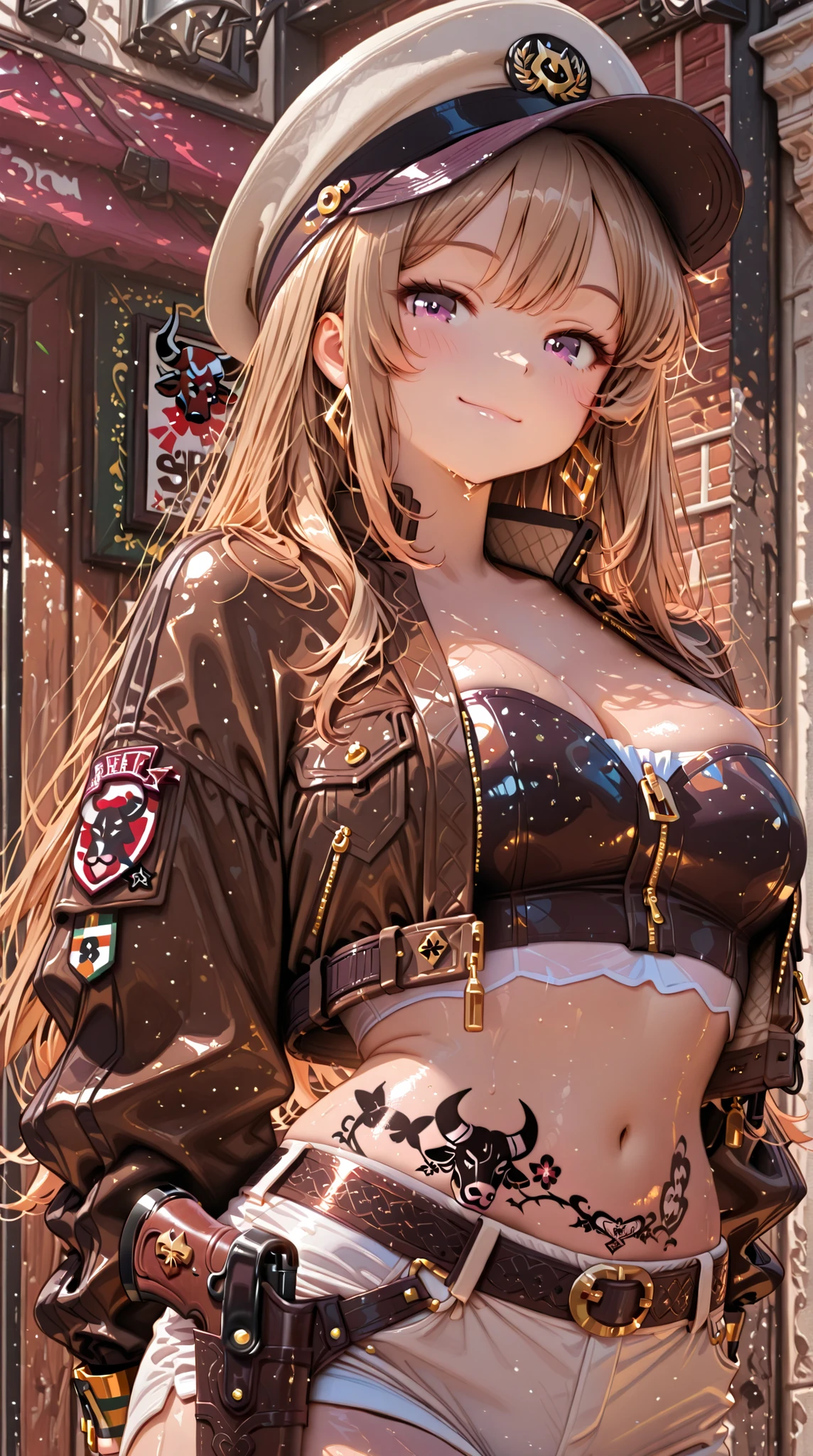 female, strapless bikini, crop top jacket, hat, smile, holster, Bull tattoo,