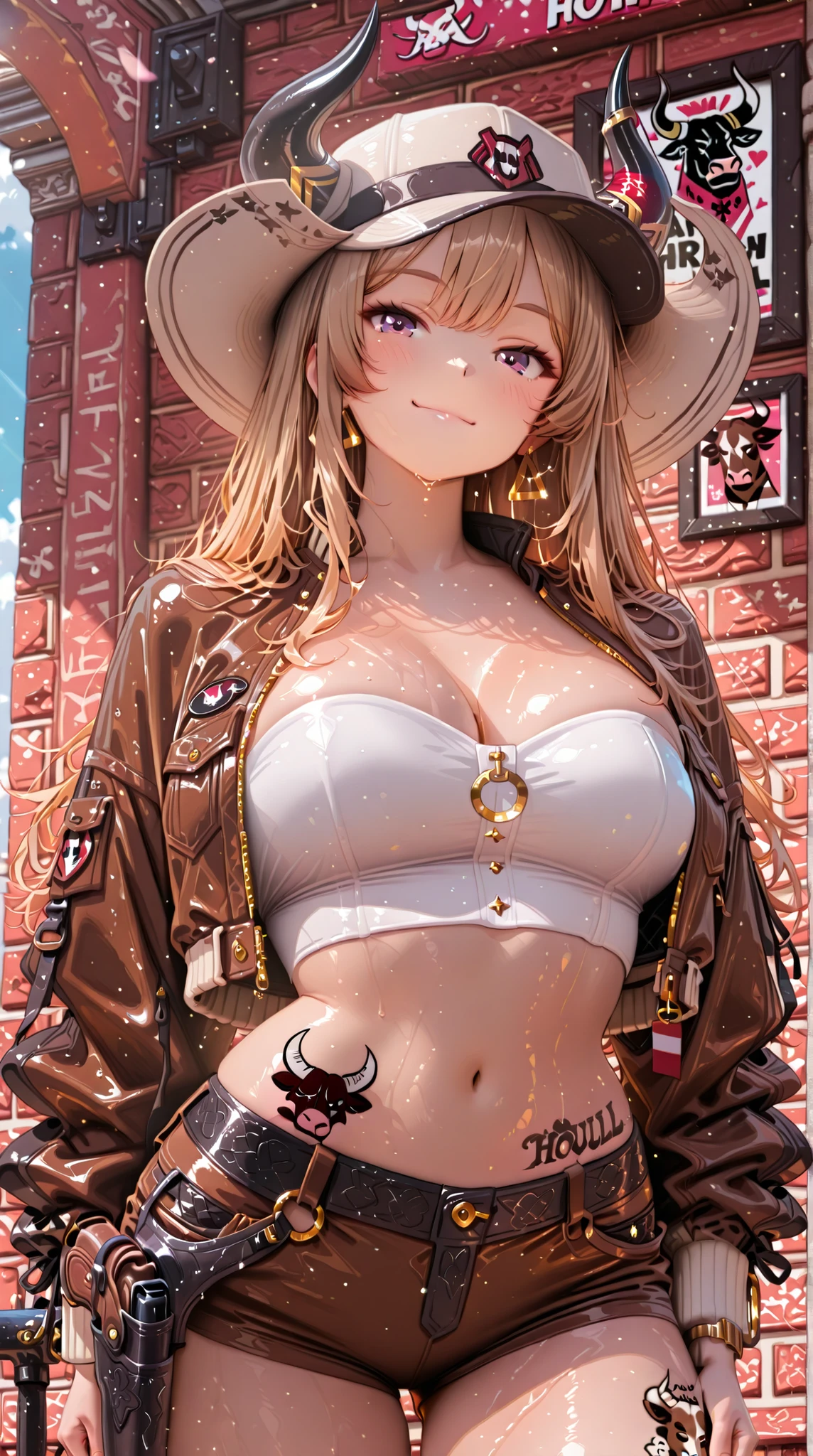 female, strapless bikini, crop top jacket, hat, smile, holster, Bull tattoo,