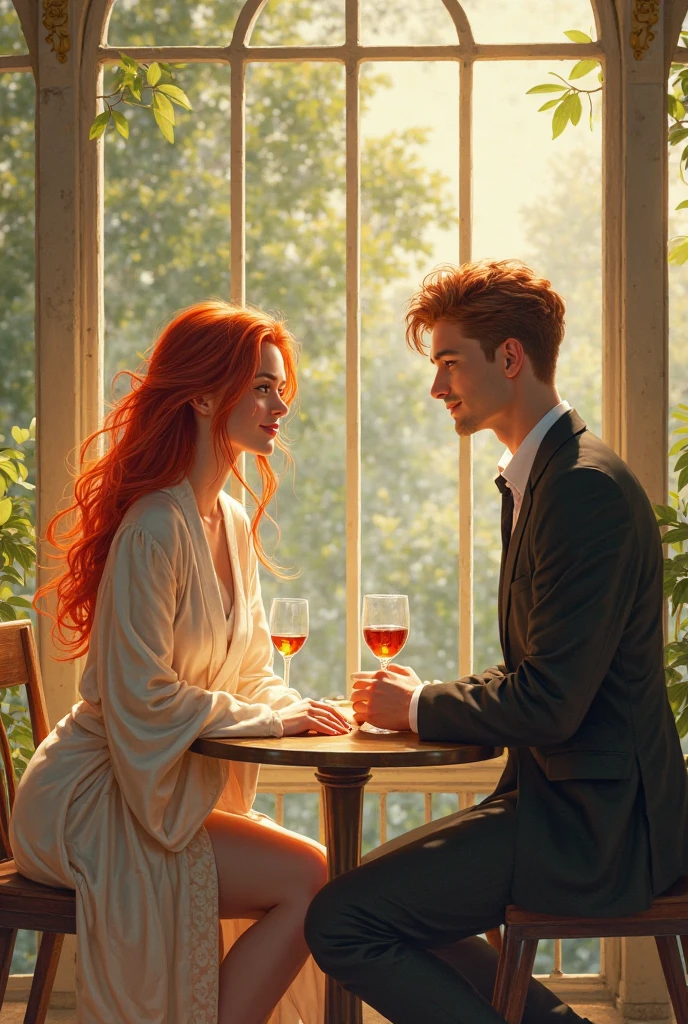 redhead woman with a red haired man,drinking wine, she sat on his lap