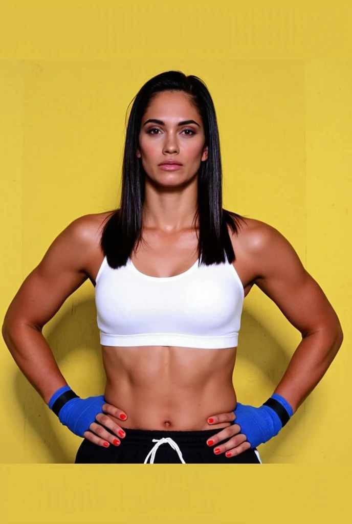 ((masterpiece, best quality)), athletically-built Dark-haired Hispanic female wrestler, gold and black sports bra that says "LV", gold and black (high cut) trunks, black wristbands, gold and black knee-pads, photo realistic, intricate details