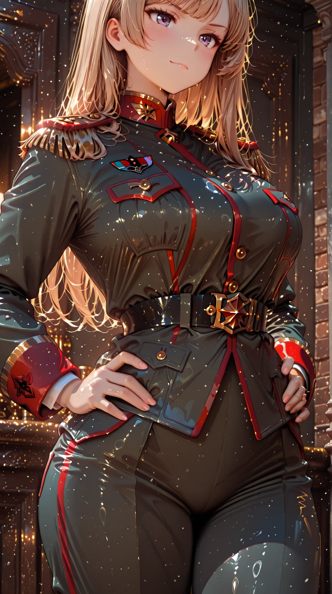 female, Tight military uniform, Epaulettes, place your hands on your hips