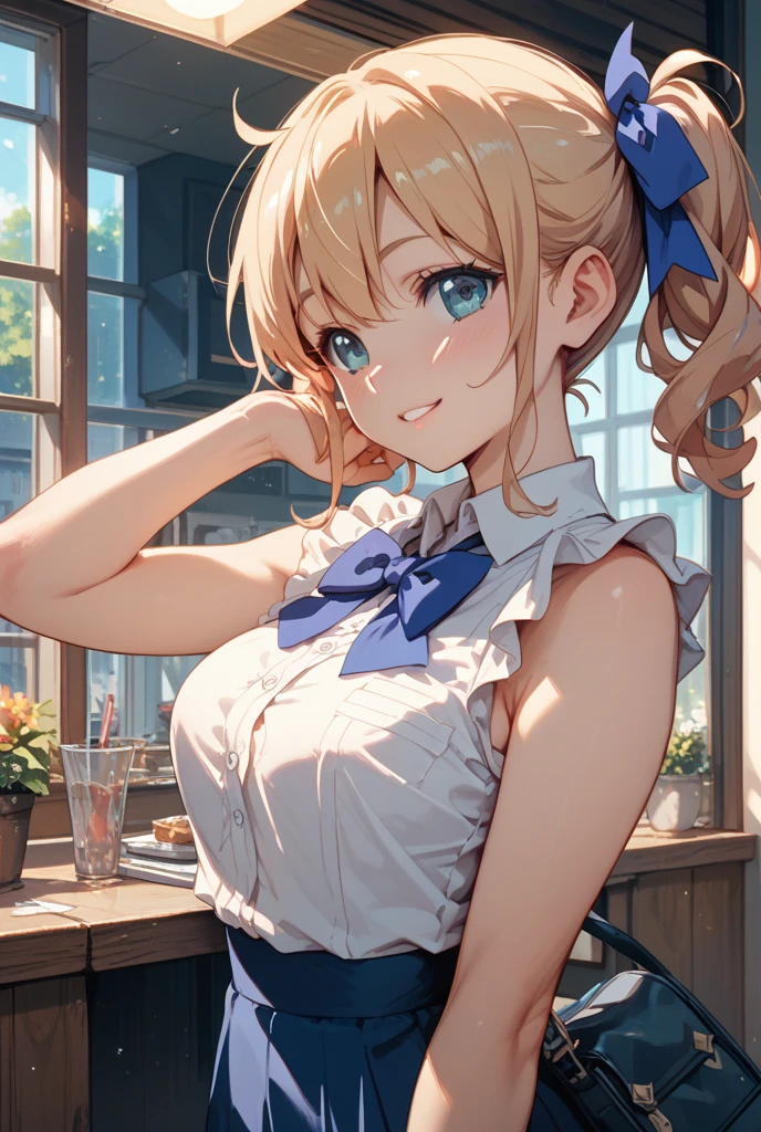 masterpiece、Highest quality、High resolution、1girl、White tank topと青いスカートを着たアニメの、solo、Short blonde girl、Blue Eyed Girl、Two Side Up Hair、drills hair、Cute、Sexy vibe、color manga scan、Big Breasts、had very large breasts、White tank top、( ( Stop 4 # ) )、kin tight tank top、sadistic smile、crazy smile dark、crazy eyes、collarbone、open mouth、tank top with an white、mini skirt with an blue、Created by Anime Painter Studio、tank top and mini skirt only、Anime Style、Cowboy Shot、looking at viewer、female focus、is standing
