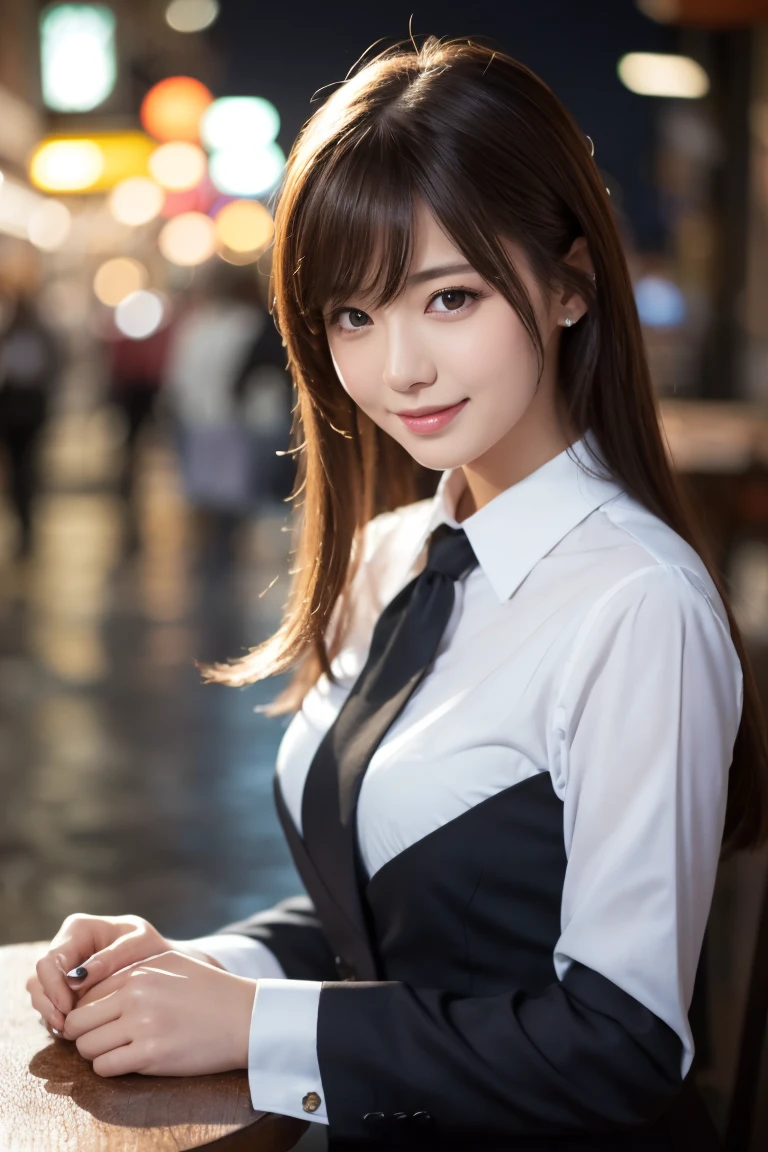 masterpiece、1 beautiful girl、detailed eye、puffy eyes、highest quality, 超A high resolution, (reality: 1.4), movie lighting、Japanese、asian beauty、super beautiful、beautiful skin、thin、body turns forward、(超reality的な)、(High resolution)、(8K)、(very detailed)、(beautiful detailed eyes)、(Super detailed)、 (wall-)、detailed face、bright lighting、professional lighting、looking at the viewer、look straight ahead、black business suit、Like a female announcer、long hair, asymmetrical bangs, 、night view、brown hair、japanese idol、korean idol、fiery idol pose、、23 years old、expensive, smile, Nagasaki City、Park scene、