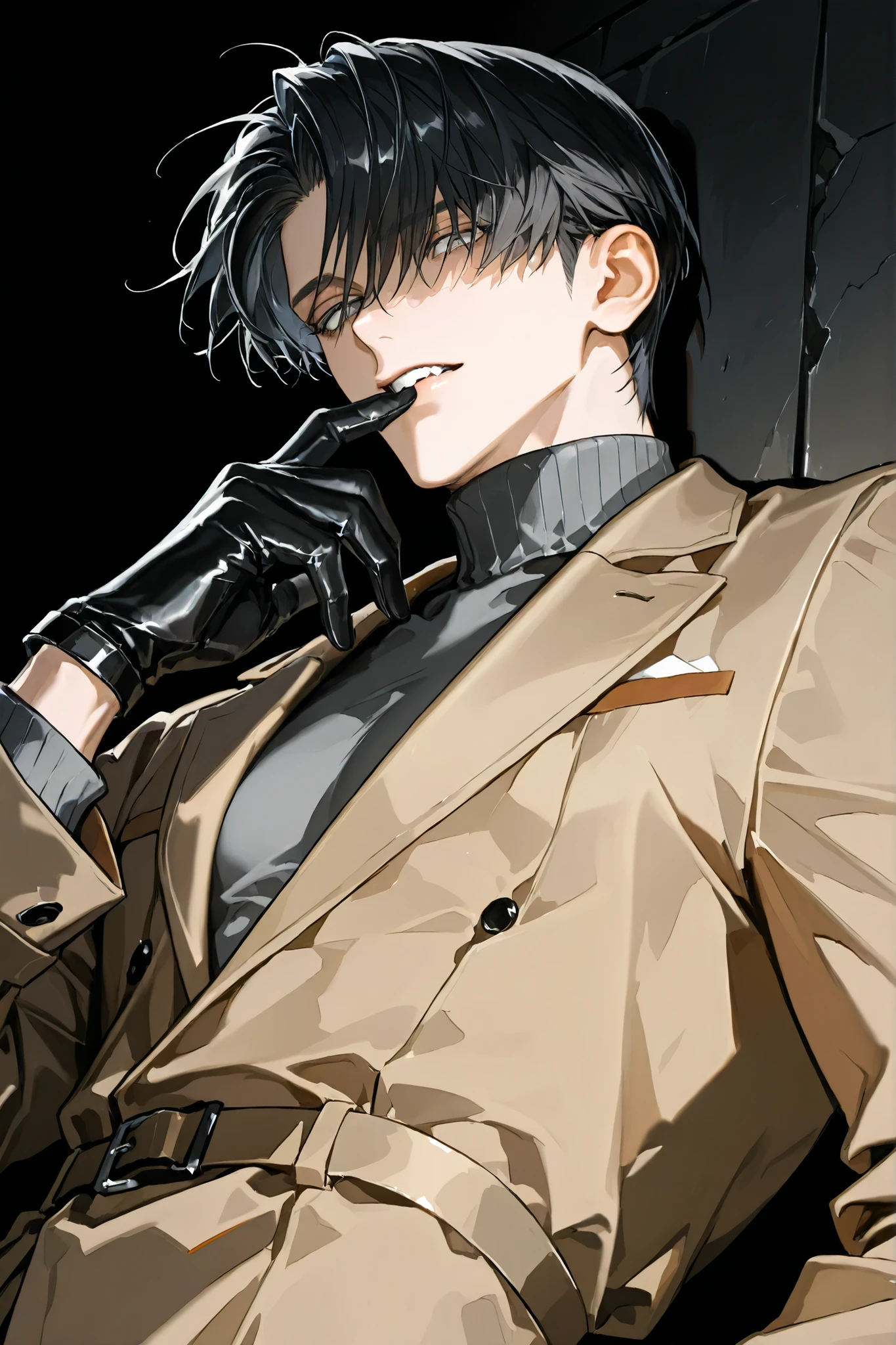 1 male, mature man,pretty face , short hair, short, dark hair , black hair,with over bangs,silver gray eyes, gray turtleneck , in black slacks , low angle, The brown coat is scattered in the wind, perfect hand shape, 31-year-old male , Biting off black gloves with your mouth, black background, Leaning against a wall, red tone, shadowy face