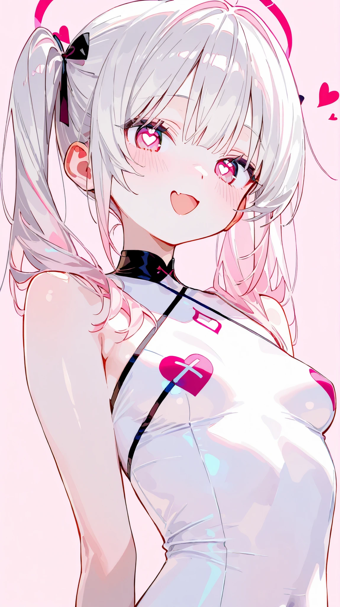 perfect anatomy, upper body angle:1.7, 20 year old cute girl、very white skinned girl、 cute eyes from the right 、 shaped pupils {x} seriousness is visible、❤Shaped student 、heart-shaped eyes、 cute face、small breasts、thin waist、light pink background