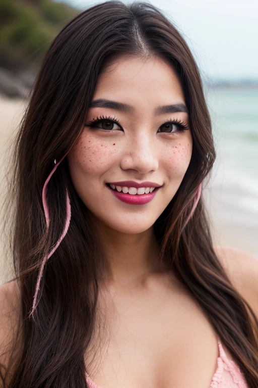 arafed naked woman with long black hair with yellow high lights and artistic beautifully painted symmetrical patterns on her breasts and stommach, standing at the beach, flowing black hair, with black hair with yellow high lights, photo of a beautiful woman, long flowing black hair, pink golden hour, curly pink hair, beautiful young asian woman, beautiful asian woman, wild ginger hair, pink wispy hair, light pink hair, a young asian woman, an asian woman, infp young woman, Full body photo of a 22-year-old french girl in RAW UHD format (Black-eyed woman) Walk down the beach, Details (textures! , Hair! , glistering, Color!! , imperfections: 1.1), highly detailed glossy eyes (looking at the camera), DSLR Lighting, SLR camera, Ultra-Quality, sharpness, Depth of field, Film grain (beach), Fujifilm XT3, Crystal clear, Frame Center, beatiful face, sharp-focus, nsfw, sun light, ( lit), day time, (open sky), Complex eye details, (((smiling))), xyzgg body paint, xyzgg face paint, (((paint flowers on her breasts and lower stommach))), (((navel))), (((full body image))), ((legs))
