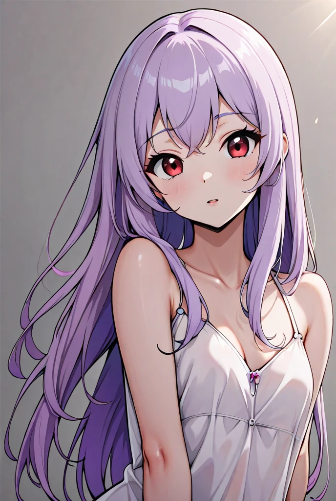 1girl, human, pale pink hair, long hair, violet eyes, XL bust, shy face, wearing white tank top, lying on a white mattress, Masterpiece, Well drawn eyes, well drawn face, well drawn hands, well drawn fingers, well detailed face