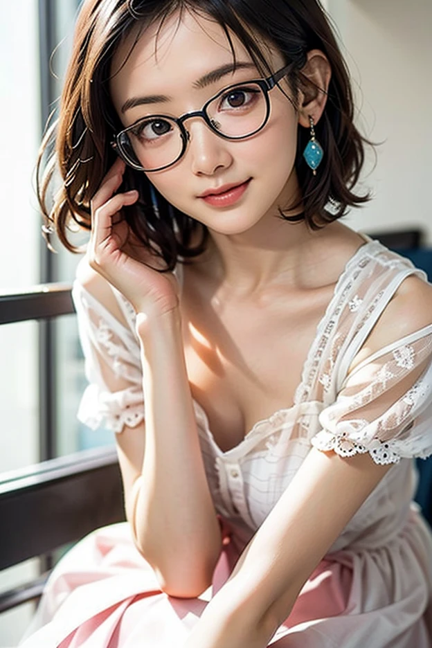 (best quality、masterpiece、high sensitivity、high resolution、detailed description、depicting a delicate face、Ｆvalue：6.0),((Slender Woman、wearing glasses)),floral dress、with a smile、Sit on the guardrail、