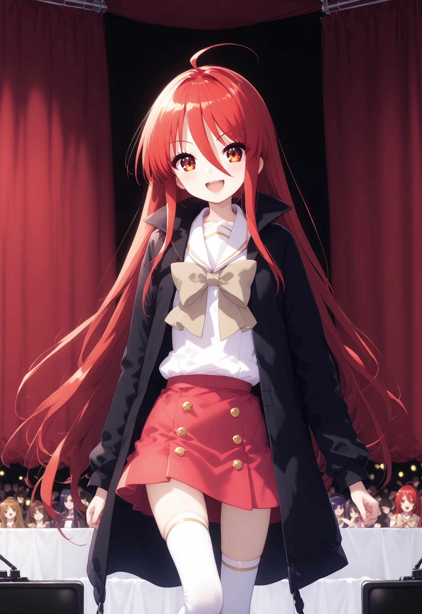 score_9, score_8_up, score_7_up, source_anime,,Shana , very long hair, red hair, red eyes, stupid hair,small, small ,smile,blush,open your mouth,idol costume,dress,collared dress,jacket,cropped jacket,Short sleeve,bowtie,bow,button,villages with,(white knee-highs:1.2),boots,アイドル歌手がライブ ステージで熱狂的に歌うシーンillustration,the idol singer stands in the center of the stage, idol singers sing with microphones , idol singers are serious and impressive ,The singer's voice is strong and beautiful. , fans gather around the stage , fans sing and dance with idol singers Idol singers who do things ,The Big Picture, Various colored lights ,,break looking at viewer,full body,
breakindoors,Concert Hall,
break (masterpiece:1.2), best quality, high resolution, Unity 8Kの壁紙, ( illustration :0.8), (beautiful detailed eyes:1.6), Highly Detailed Face, perfect lighting, Highly Detailed CG, (perfect hand in h, perfect anatomy),