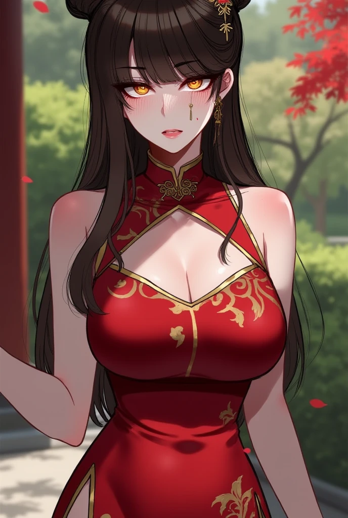 hair flaps massive hair long hair black hair onyx pale skin yellow eyes huge muscles huge breasts sad sad angry sad girl red silk red silk silk sad pale red silk sad rose petals marble columns