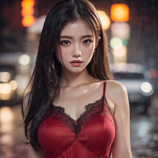 1 girl,One,long hair,rough skin,behind,Сосредfromочьтесь на лице,(Looking at the viewer:1.2),Wet hair,Dark,polaroid,(Depth_from_field:1.5),rainy days,на fromкрытом воздухе,Street,hair between eyes,moody lighting,Tyndall effect,cinematic lighting,night,lamp post,fromблеск from линз,Available lighting,rim light,glowing neon lights,lush,Red silk dress,korean girl,