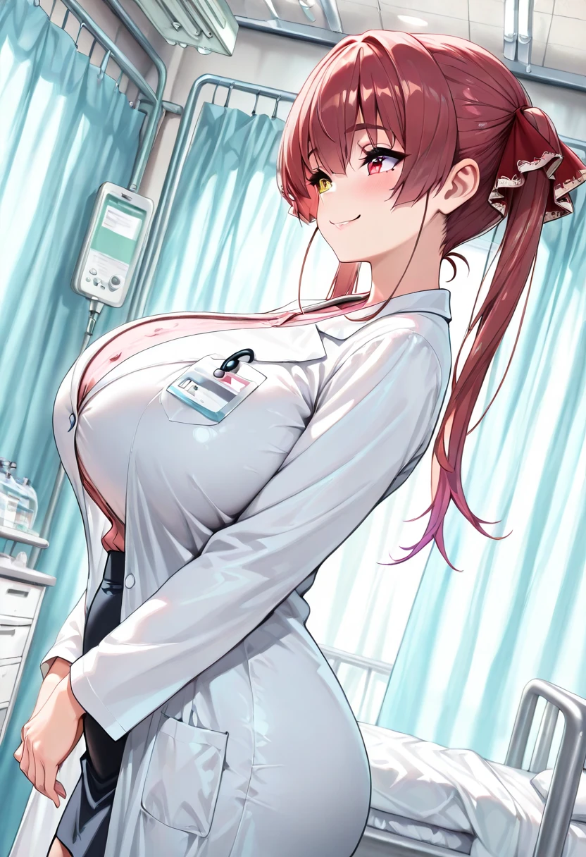 Lady wearing white posing for photo, Nurse girl, Nurse, Use a stethoscope, Wearing a lab coat and shirt, Nurse costume, medical staff, large breasts, large , biggest breast, huge breast, Thin waist and thick hips, hourglass figure, wide pelvis, The pelvis is very wide, Pelvis larger than shoulder blades, fitness model, rosy cheeks, Orange hair