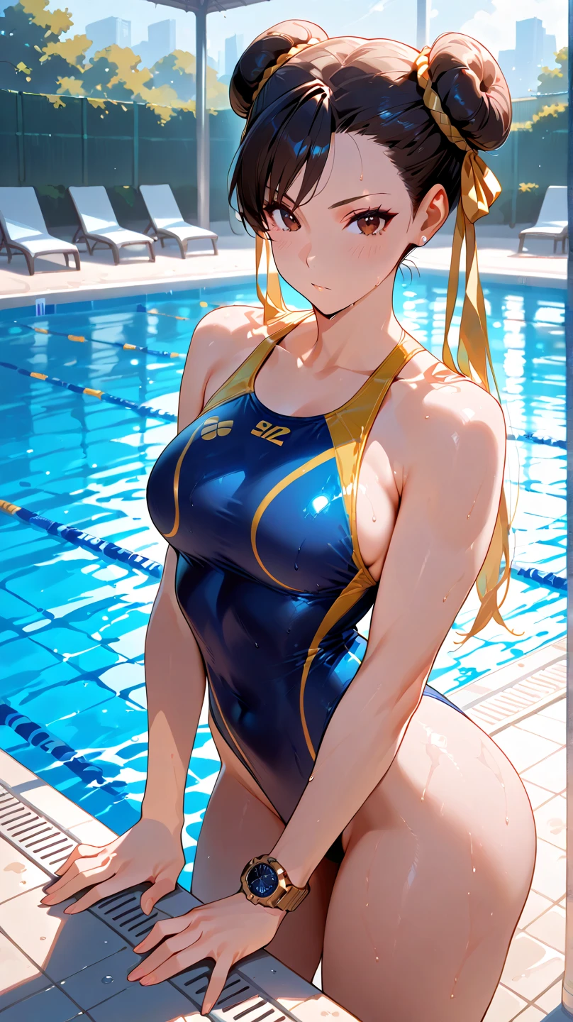 The character has long brown hair and is wearing a competitive swimsuit and a golden headdress. The background is the beautiful indoor swimming pool Meteor.
