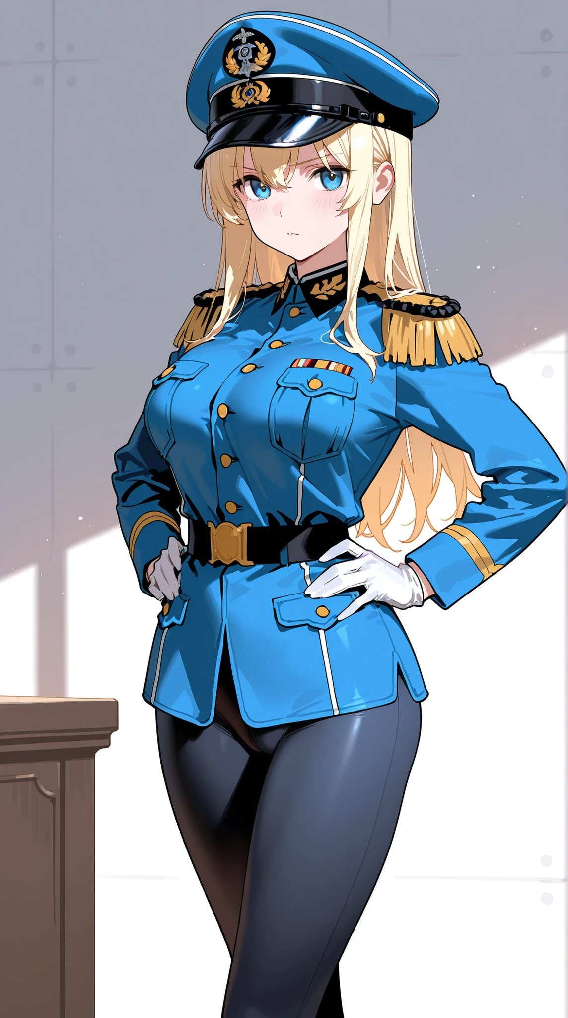 female, Tight military uniform, Epaulettes, place your hands on your hips