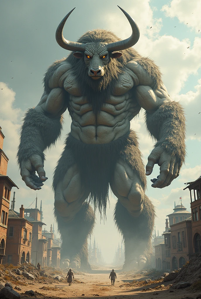 A photorealistic image of the Beast from the movie Beauty and the Beast, super muscular giant, with muscular arms, broad shoulders, giant and toned physique, bursting muscular veins, blue eyes, tail, super furry brown fur, backward facing horns, with veins jumping, barefoot, super giant in the center of a city
