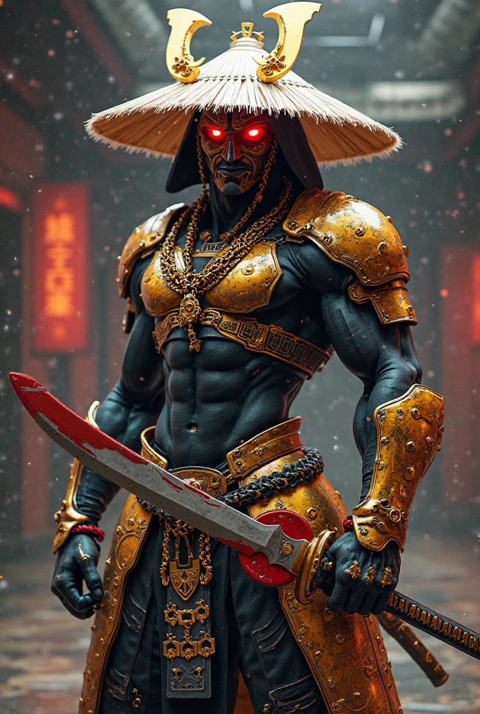 elaborate standing 3d character of a (skinny:0.5) 1boy monk,( full body:1.5), bald, (android:0.4), futuristic, hard surfaces, mecha, robot, cybernetic arm, intricate technology, asian, silicon cuts shells on face, facial parts,3d character, game (cartoon:0.5) character, 3d render, trending on artstation, concept, small, wide angle, 50mm, skinny,scars, blood on clothes, thin, hero pose, deciduous, (freckles:0.741), dirty clothes, rice braided Asian conical hat on back shoulders, hanging strings hidden face partially, thorns, goosebumps, gentle face, subtle smiling, cool person, (holding a wooden stick with strings and small bells:1.3) , full body <lora:Grungy_Picture_SDXL_V1:0.2><lora:bynightPortraits-XL:0.1>, highly detail war armor, traditionnal, ( half side orange long cloak:1.3), religious warrior, by Laurey Greasley and Takeshi Obata, desire to achieve enlightenment, nirvana, yellow, orange, (cyberpunk:1.2), detailed, realistic, 8k uhd, high quality , metallic roughness, imperfections, decayed metal, wheathered metal, <lora:scifi-vehicles:0.75>, photoshoot, black cyclo, award photography of European and American (hyper realistic:1.3) 3d game characters, 1person, 3D Character, AAA, standing, (full body:1.5), hero pose, casual proportions, intricate character design, hand-drawn drafts, hand-drawn appearance, sense of nostalgia, memorable look, consistent, coherent, captivating, (clear eyes:1.2), (highly detailled eyes:1.2), highly detailled hands, detailled floor, textured socle, dusty ground, intricate shoes, subsurface scattering, occlusion ambiant, ray tracing, hdr, arnold render, 4k, absurdres, hires, xgen, realistic hair, trending on artstation, master piece, intricate, simple darkgrey background, (black background:1.3), (rim lighting:0.3), realistic matte skin, skin texture visible, (sharp focus), (high quality), <lora:xl_more_art-full_v1:0.4>, <lora:br_max-000014:0.4>, shallow depth of field, vignette, highly detailed, high budget, bokeh, cinemascope, moody, epic, gorgeous, film grain, grainy, detailed skin texture, highly detailled fabrics, precise linen, precise bump textures, absurd res textures, high glossy, perfect reflection, intricate surfaces, subsurface scattering, ambiant occlusion, subtle scratchs, imperfections, soft shadow, insane detail, detailled stitches and sews, intricate leather