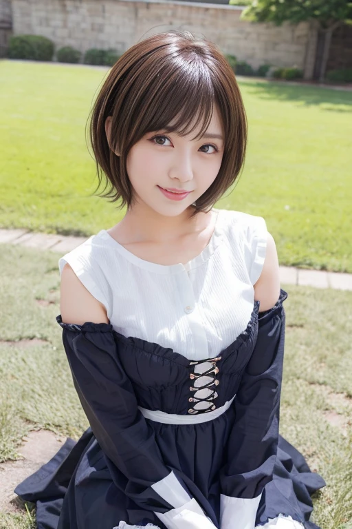 Beautiful woman, white hair, ((short hair (fringe up style))), purple eyes, average breasts, voluptuous body, detailed body, (maid outfit, maid apron, maid headband), light smile, looking at viewer, cowboy shot,