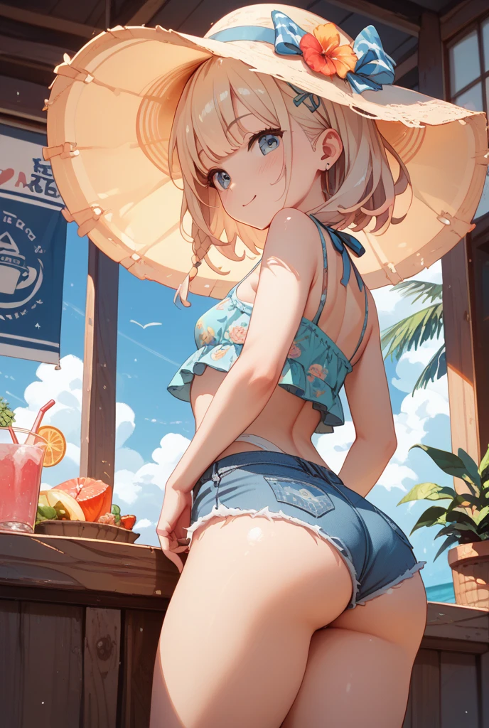 (highest quality, High resolution, perfect pixel, Depth of bounds written, 4K), beach, detailed eyes, (1 lady), tall, (skinny body:1.2) , (thin thighs:1.2), (small butt), large breasts, blond hair, (ponytail:1.2), yellow, (denim short pants bikini:1.2), (cross halter), (panty strap:1.5), (standing), (left Hand on Hips), (light smile), blush, sweat, 