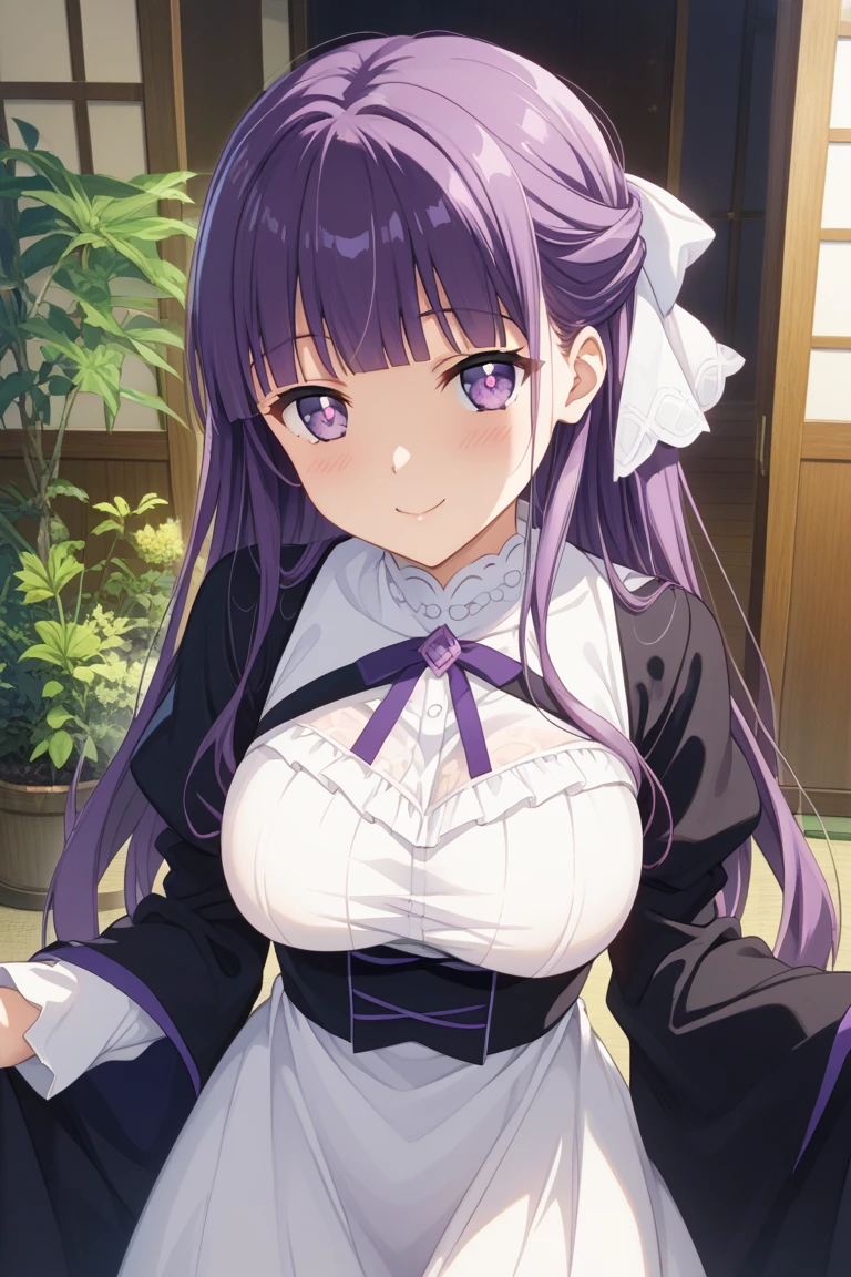 masterpiece, best quality, highres, kitagawa marin, 1girl, purple hair, medium hair, purple eyes, bonnet, red rose, collar, gothic, frills, black dress, black necktie, cleavage, long sleeves, white apron, thighhighs, sitting, spread legs, panty shot, outdoors