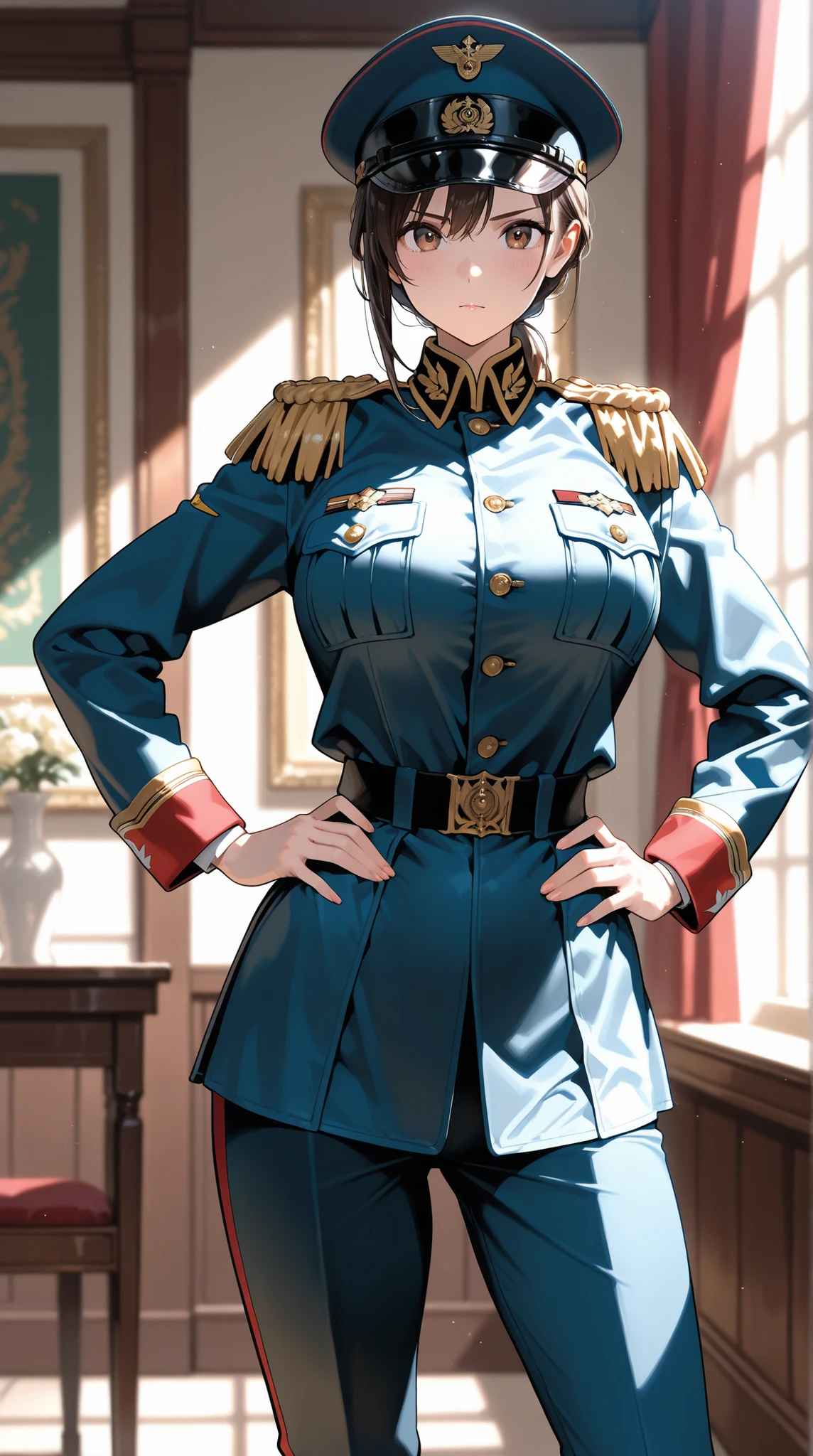 (High quality, High resolution, Fine details), military uniform, military insignia, military cap, (Standing up straight), Background with military elements, solo, curvy women, sparkling eyes, (Detailed eyes), shallow depth of field, dramatic lighting, fog and smoke