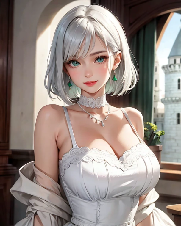 ((best quality, masterpiece)), detailed, realistic, 1woman, cool, sexy, beautiful, sensual, sexual, fancy beautiful sleeveless stylish diamond micro bikini, choker, long stylish platinum silver hair, dark shades, smug smile, cleavage, perfect firm tight breasts