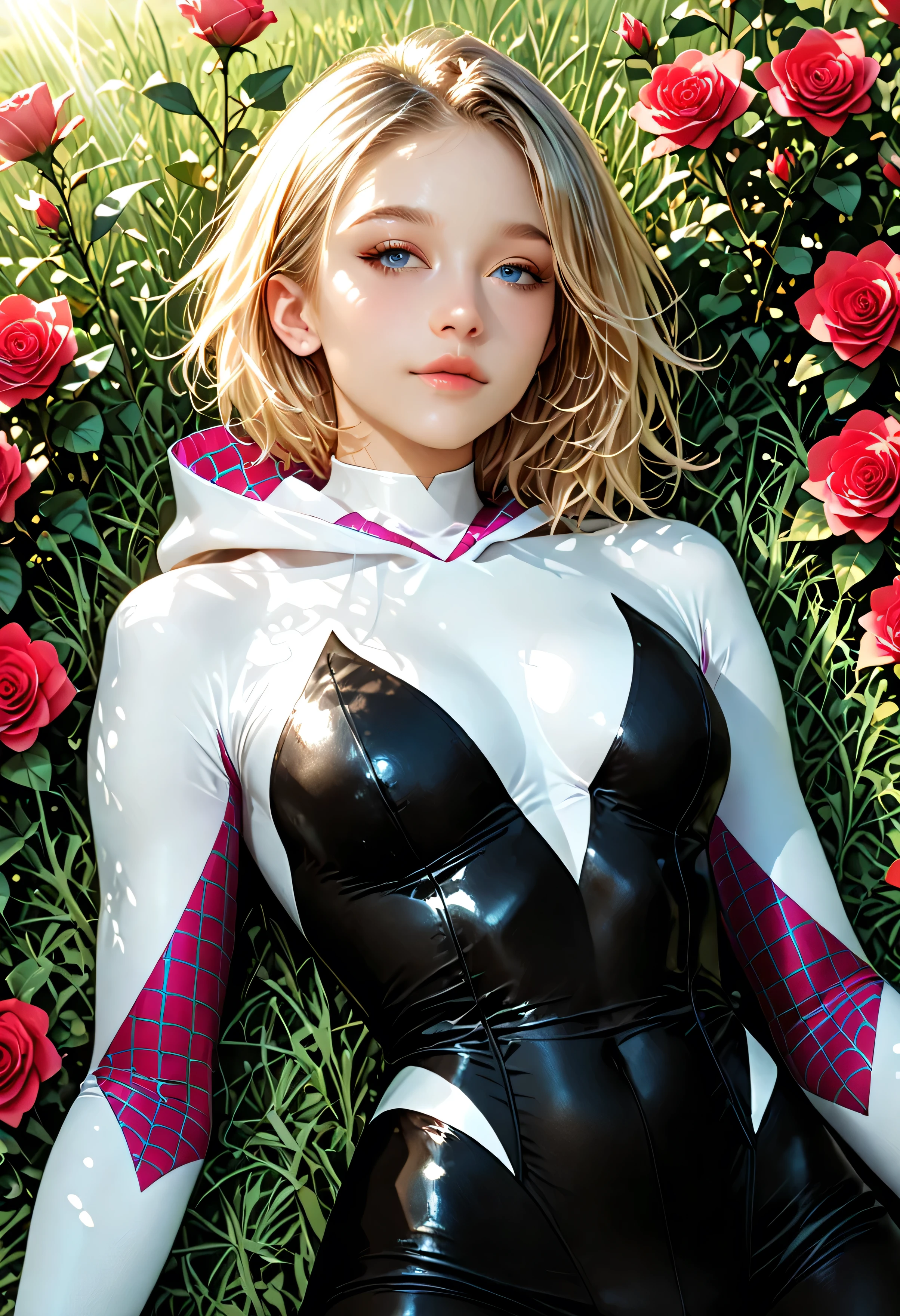 Realistic Gwen Stacy in her Spider-Woman (Spider-Gwen) costume, laying on her back in a lush green garden, soft grass beneath her, surrounded by blooming roses and tall sunflowers, her hood partially off revealing her blonde hair, sunlight casting soft highlights on her suit, petals gently scattered around her, peaceful expression as she gazes at the sky, photorealistic detail on costume textures and fabric folds, cinematic lighting, dreamy and serene atmosphere, shallow depth of field, realistic natural setting