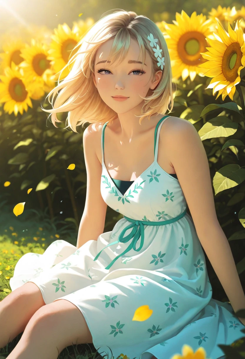 Realistic Gwen Stacy sitting gracefully in a vibrant summer garden, surrounded by blooming roses and towering sunflowers, wearing a light floral sundress gently flowing in the breeze, soft golden sunlight filtering through the leaves, detailed textures on petals and foliage, a warm and peaceful atmosphere, delicate shadows cast by the flowers, cinematic depth of field, photorealistic skin and hair detail, natural colors and lighting, serene expression on her face, soft wind tousling her blonde hair