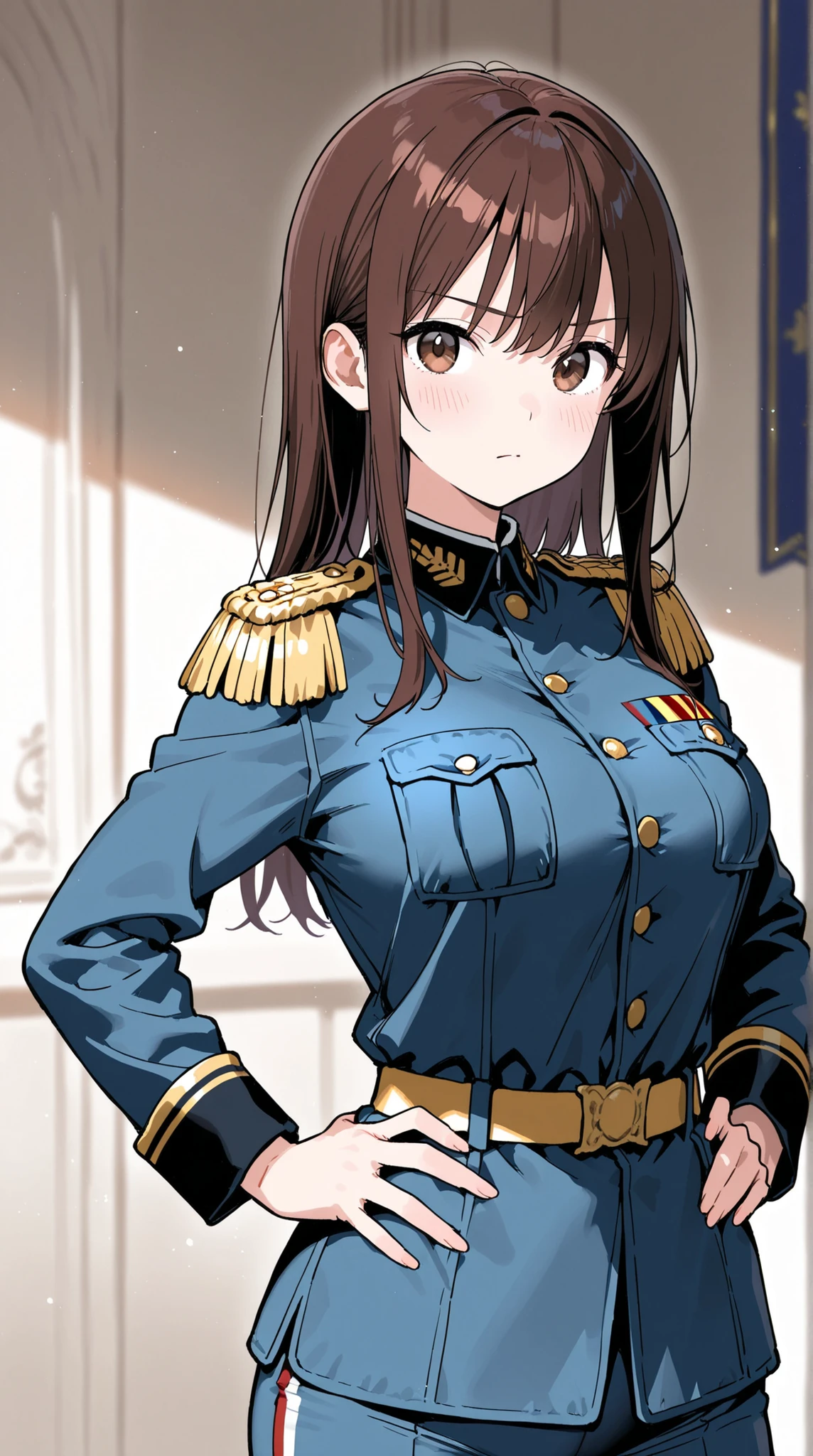 female, Tight military uniform, Epaulettes,  place your hands on your hips