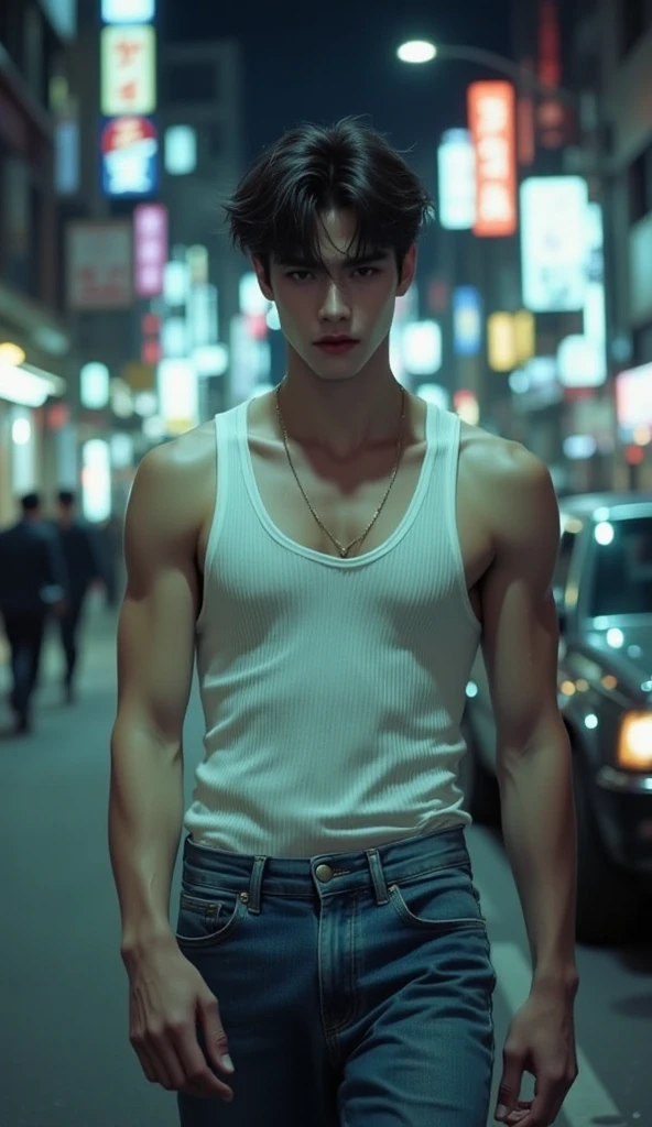 Japanese male male model, big muscles, handsome, cool, smoothly combed hair, pierced ears, wearing a loose tank top, holding a lollipop, portraiture, modeling, dynamic pose, Japanese street, late at night, store lights trade