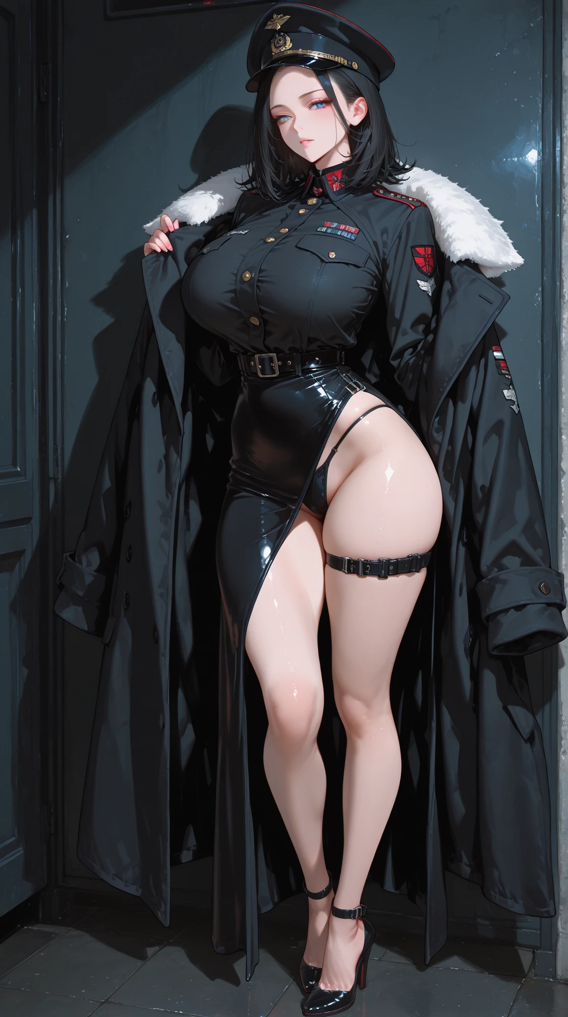 ((No hair, Shaved head, Buzz cut hair)), ((background:On the streets of the city 1.4)), ((Surrounded by men, Looking at a camera in a parallel position:Looking at the front:Watch the audience:1.5, Light from the front, Full Body Shot:1.2)), (masterpiece、Highest quality、Official Art), (((((White lab coat, Bondage, Terrax Garter Belt, Black Terrax Boots, Black Terrax Long Gloves, Black collar))))), ((Fair skin, age Girl, topless, Underless, Bare, Exposed female genitalia, Voluptuous bust, Big Breasts, Narrow waist, A broken back, Rounded ass, Complete the whole body, Full body image, Mid-chestBREAK, Perfect proportions, sexy, Alluring, Large Breasts, Teardrop-shaped breasts, Navel exposed, 体の真ん中のExpose the skin, Exposed, Expose the skin, Narrow waistと太いヒップ, Beautiful shaped hips, Belly button pussy, Lower abdomen exposed, Completely nakedの女性だけの仕上がり, Completely naked, I don't wear underwear, Do not wear clothes,)), ((Glowing Skin, Realistic:1.9, Very detailed, 究極的にRealistic details, 究極的にRealistic texture, Ultimate in exquisite detail, Professional photos, 女の子のyなポートレート, Highest quality))