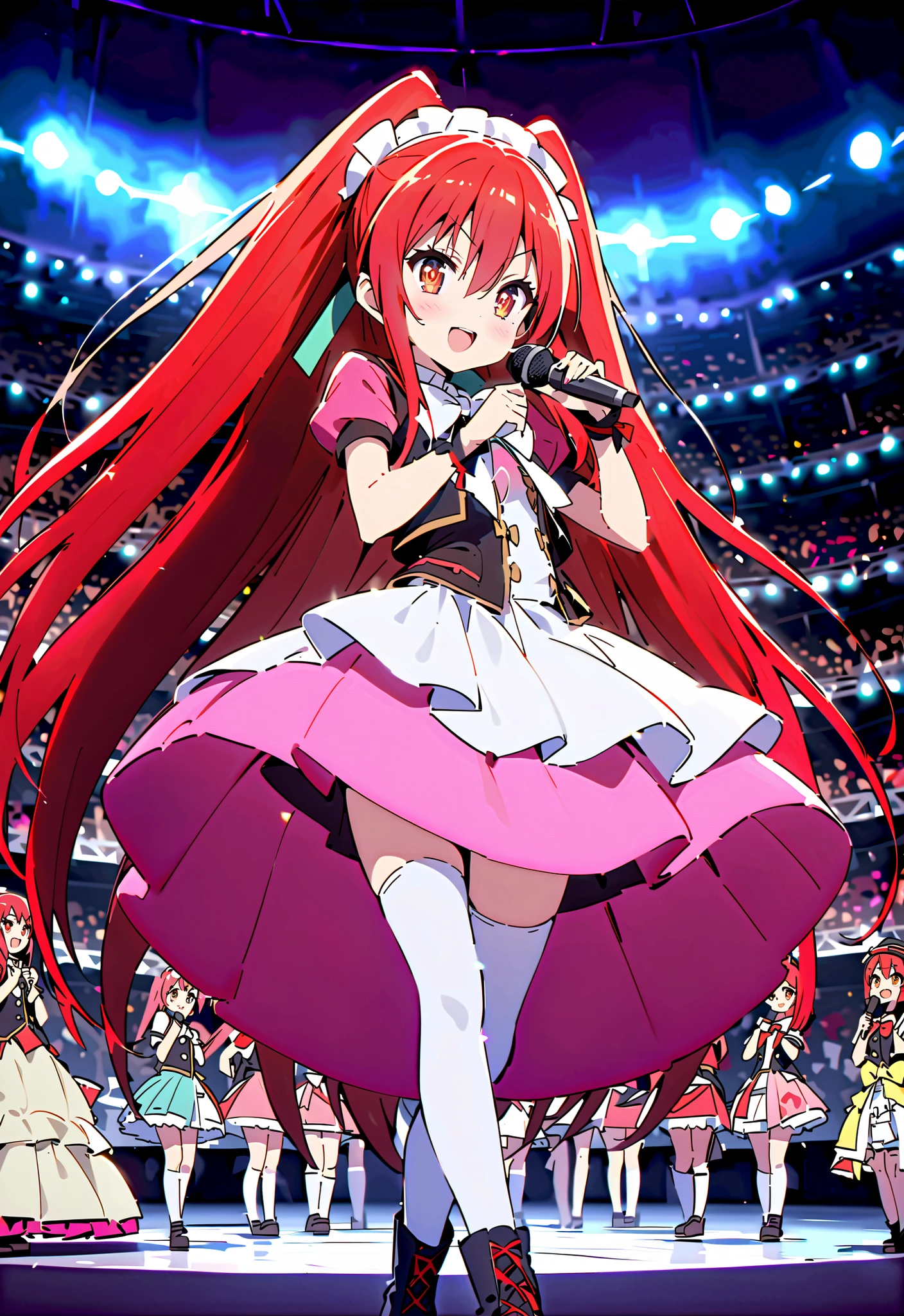 score_9, score_8_up, score_7_up, source_anime,,Shana , very long hair, red hair, red eyes, stupid hair,small, small ,smile,blush,open your mouth,idol costume,dress,collared dress,jacket,cropped jacket,Short sleeve,bowtie,bow,button,villages with,(white knee-highs:1.2),boots,アイドル歌手がライブ ステージで熱狂的に歌うシーンillustration,the idol singer stands in the center of the stage, idol singers sing with microphones , idol singers are serious and impressive ,The singer's voice is strong and beautiful. , fans gather around the stage , fans sing and dance with idol singers Idol singers who do things ,The Big Picture, Various colored lights ,,break looking at viewer,full body,
breakindoors,Concert Hall,
break (masterpiece:1.2), best quality, high resolution, Unity 8Kの壁紙, ( illustration :0.8), (beautiful detailed eyes:1.6), Highly Detailed Face, perfect lighting, Highly Detailed CG, (perfect hand in h, perfect anatomy),