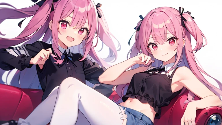 (8K、Best image quality、highest quality、masterpiece)、Detailed face、(2 girls)、Improve、(magical pink girl outfit,frill mini skirt:1.1), (glamorous:1.1), (huge breasts:), Classroom Background, (black stockings:1.2), (Thighs:1.2), (Waistline), (from above:2)