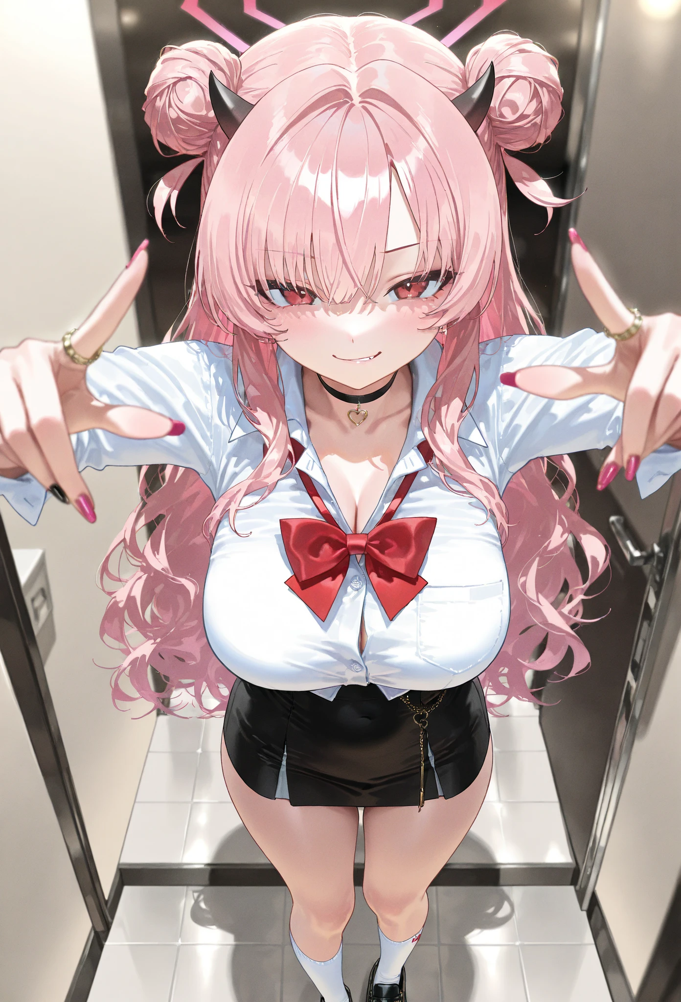 junkoenoshima,<lora:junkoenoshima-lora-nochekaiser:1>,junko enoshima,bear hair ornament,blue eyes,long hair,pink hair,twintails,evil smile,(grin:0.6),open mouth,bow,bra,choker,cleavage,fingernails,lace trim,lace-trimmed bra,long fingernails,loose necktie,nail polish,necktie,plaid,plaid skirt,pleated skirt,skirt,underwear,indoors,classroom,looking at viewer,(masterpiece:1.2),best quality,high resolution,unity 8k wallpaper,(illustration:0.8),(beautiful detailed eyes:1.6),extremely detailed face,perfect lighting,extremely detailed CG,(perfect hands, perfect anatomy),(covered nipples:0.7),black lace panties,from below,cowboy shot,