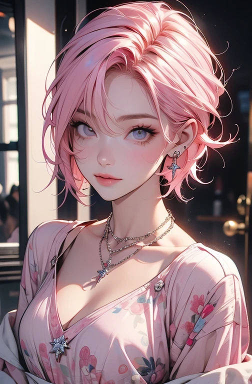 1girl, ((best quality)), ((masterpiece)), ((realistic)), (detailed), (perfect face), pink hair, beauty hair, bob hairstyle, beautiful face, pink eyes, white long dress, elegant poses, dynamic angle, building background, portrait