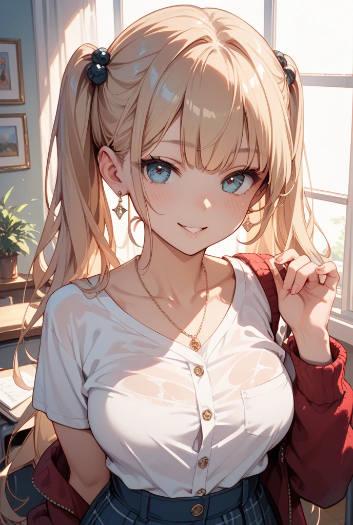 ((Best Quality)), ((masterpiece)), a girl, Collarbone, small breast, cleavage, smile, open mouth, bra under vest, (do up the button on vest:1), ashblonde hair, kawaii