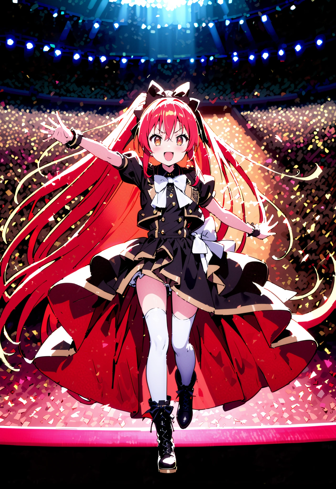 ,Shana , very long hair, red hair, red eyes, stupid hair,small, small ,smile,blush,open your mouth,idol costume,dress,collared dress,jacket,cropped jacket,Short sleeve,bowtie,bow,button,villages with,(white knee-highs:1.2),boots,アイドル歌手がライブ ステージで熱狂的に歌うシーンillustration,the idol singer stands in the center of the stage, idol singers sing with microphones , idol singers are serious and impressive ,The singer's voice is strong and beautiful. , fans gather around the stage , fans sing and dance with idol singers Idol singers who do things ,The Big Picture, Various colored lights ,,break looking at viewer,full body,
breakindoors,Concert Hall,
break (masterpiece:1.2), best quality, high resolution, Unity 8Kの壁紙, ( illustration :0.8), (beautiful detailed eyes:1.6), Highly Detailed Face, perfect lighting, Highly Detailed CG, (perfect hand in h, perfect anatomy),