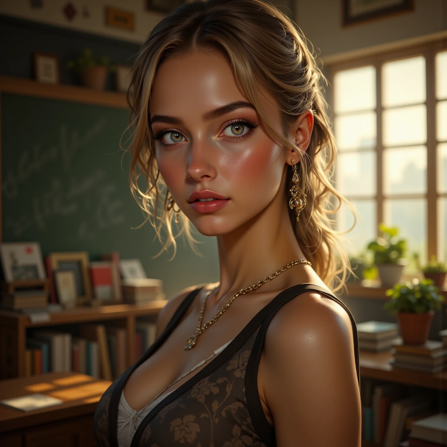 work of art, portraite, close up, A beautiful woman from Germany, black dress with cleavage, breasts big, hair blonde, long straight hair, red lipgloss stick, standing position in a library, luxurious, natta, very detailded lighting, Dramatic, digital art trend in Artstation 8k HD high definition detailded realistic, detailded, texture skin, hyper detailded, realistic texture skin, armors, best qualityer, ultra high resolution, (photorrealistic: 1.4), high resolution, detailded, CRU photo, re sharp, por Lee Jeffries Filme Nikon D850 Stock Photography 4 Câmera Kodak Portra 400 F1.6 Rich Colors in Hyperrealistic Lenses Realistic Texture Dramatic Lighting UnrealEngine Trend in ArtStation Cinestill 800