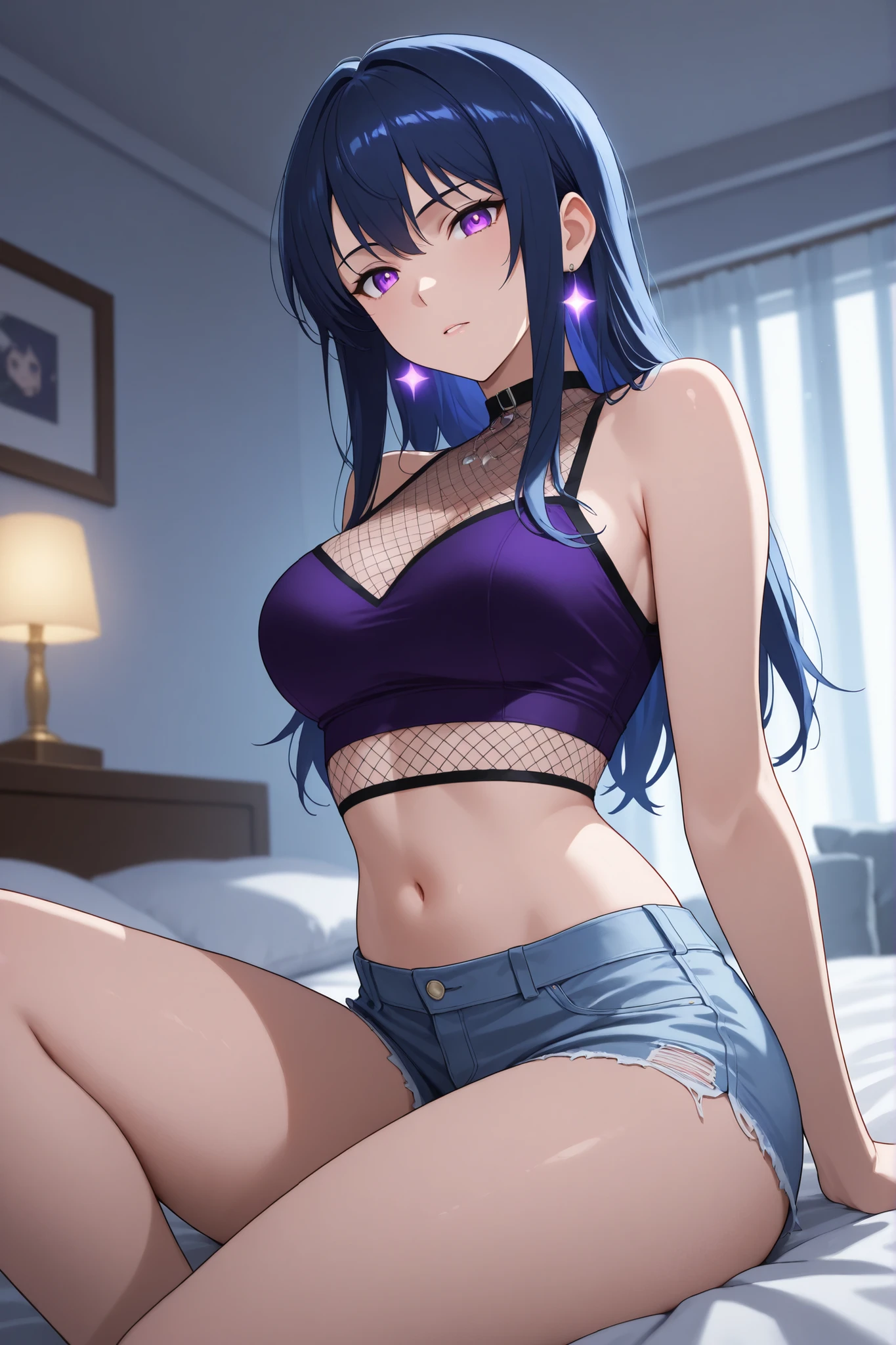 1Raiden shogun, large breasts,, cleavage, navel, t-shirt, clothes lift, skirt, lying, full Body,sexy body,sitting, ahegao, black T-shirt