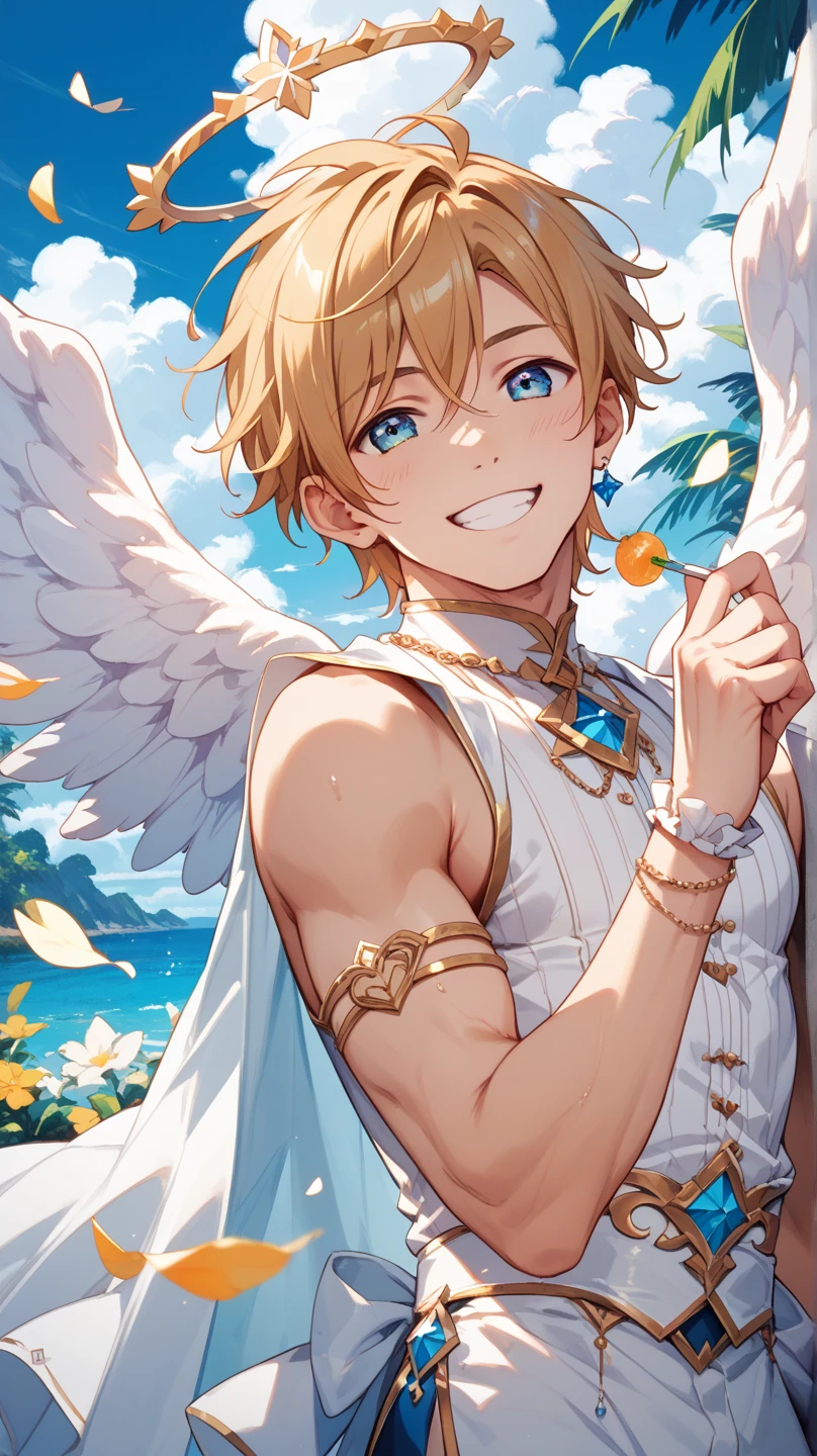 cupid , angle , white wings , boy with wings , young boy , topless , wearing skirt , sunbathing , flying , floating , sky island