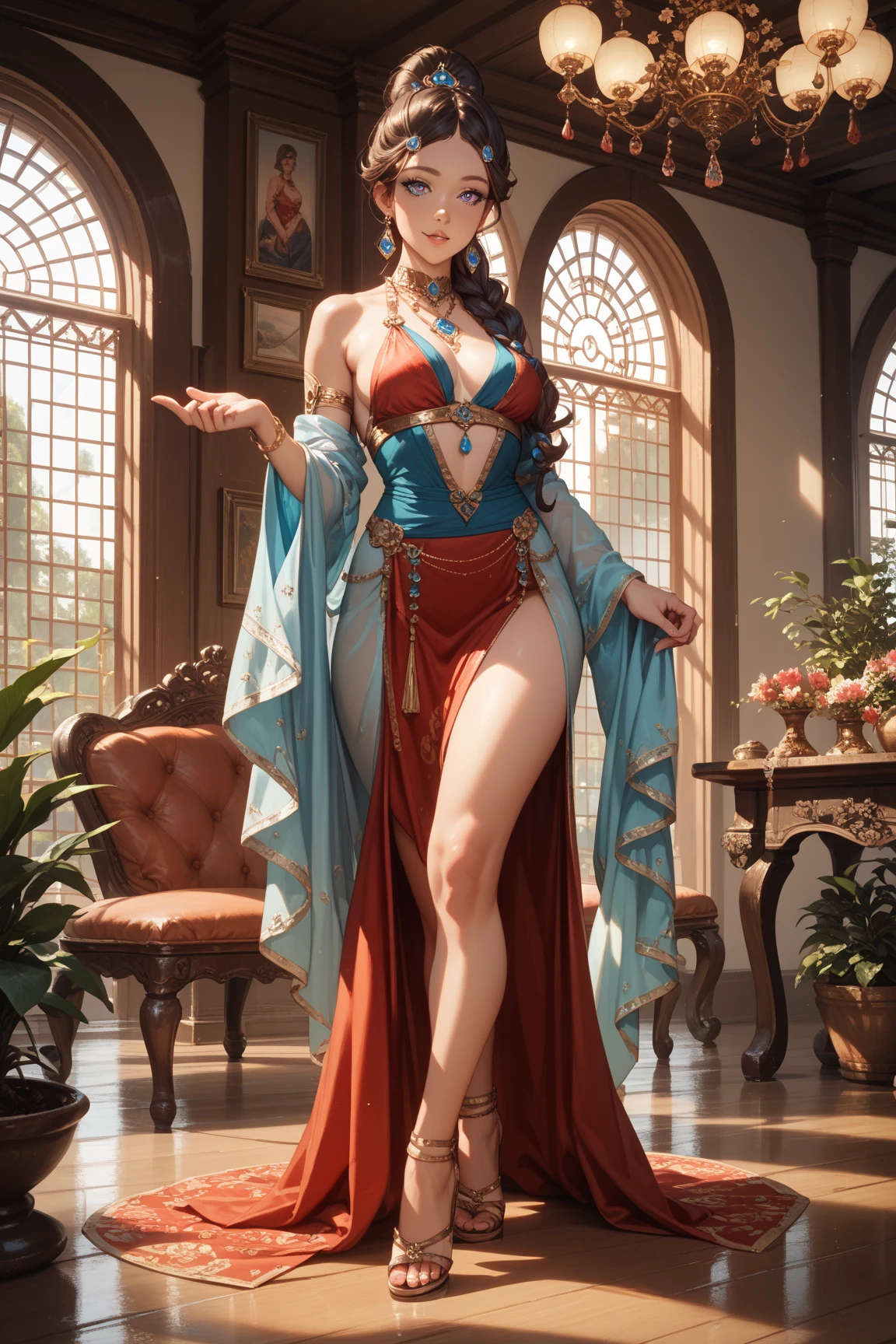 an epic photo of a woman like an Arab genie and her magic lamp;full body; sexy pose --auto --s2