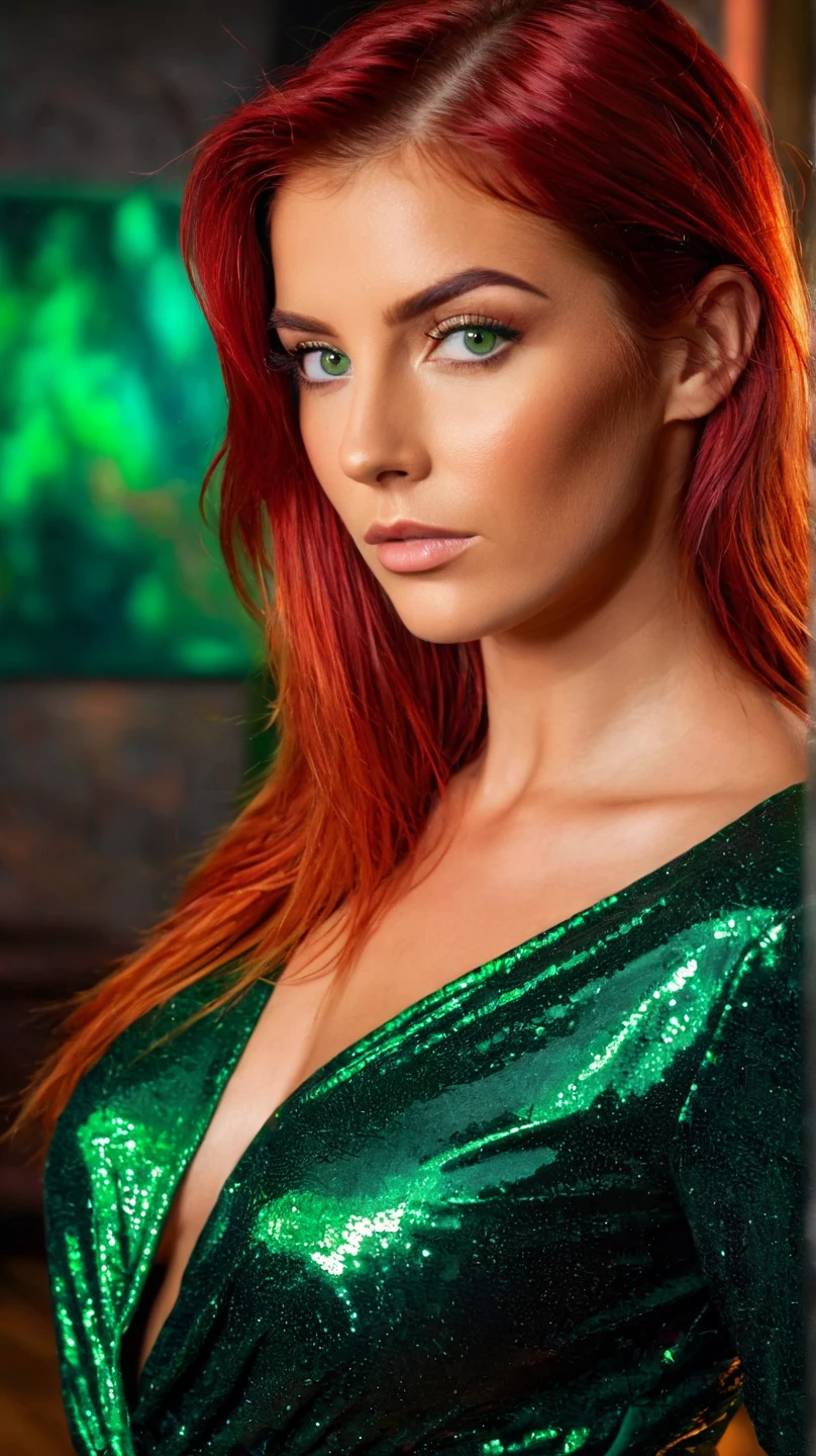(evil:0.8) Triss Merigold (looking straight at the camera:0.5), close-up, (fire in the eyes:1.2), (round face:1.2), (freckles:1.2), long hair, (plump lips:1.2), green eyes, green translucent dress