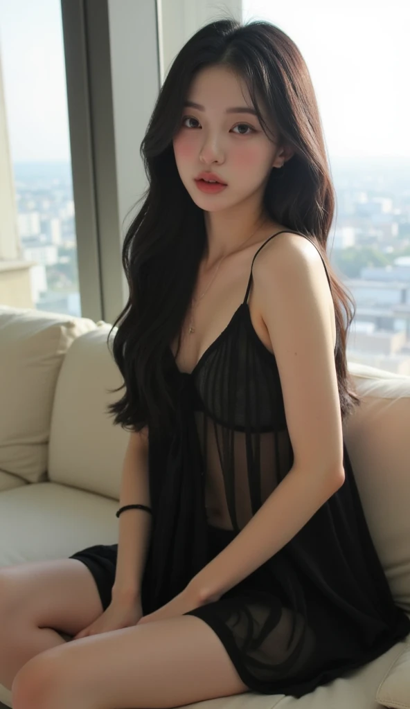 (sexy girl sitting on bed in cute room),Charming eyes,Heartwarming action,Turn your face away from the camera,stooped,Bend over,turn back,Look up at your head,thick long hair,Highly detailed body,Highly detailed face,best qualtiy、((Black tight skirt )),(The bra is visible),