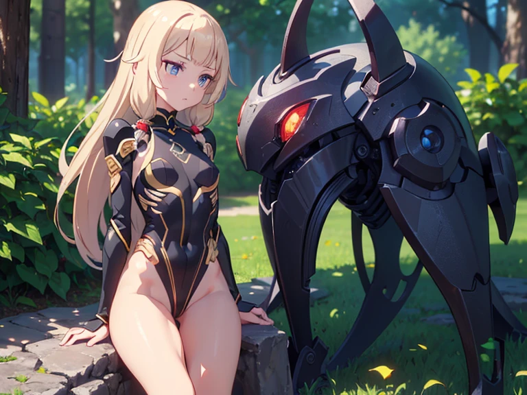 create a robot character with a more human appearance, anime style under construction, with fox ears and tail hugging a person younger than her