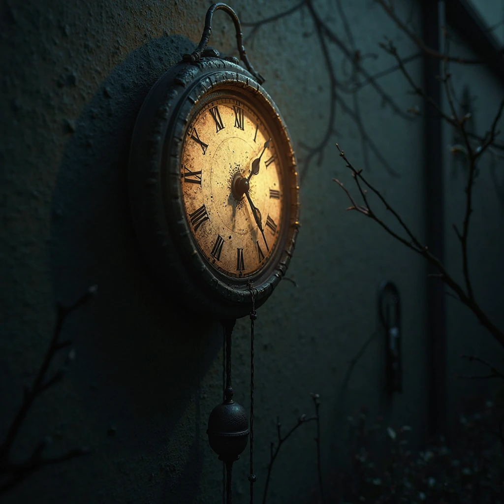 image of gloomy clock in the dark, with signs of deterioration due to lack of care and years of loneliness