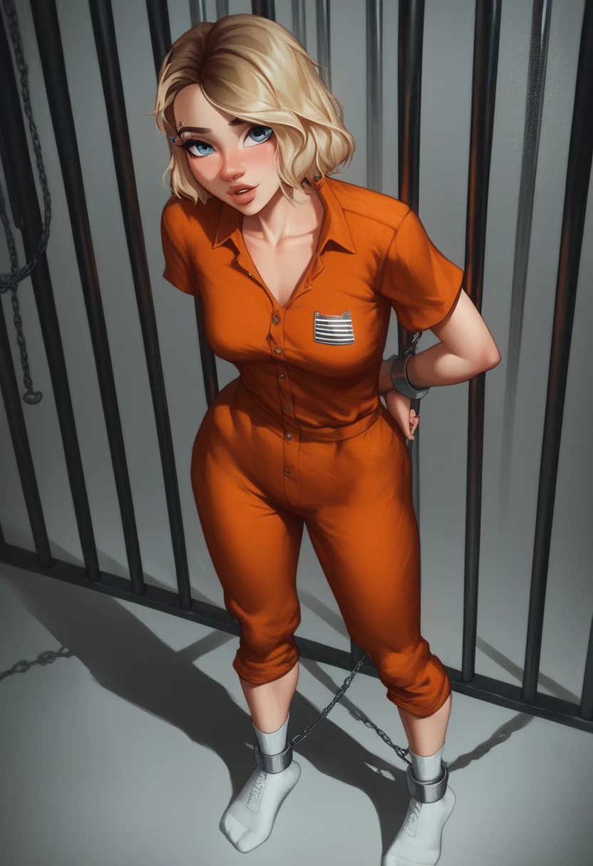 score_9, score_8_up,score_7_up, score_6_up, score_5_up, score_4_up, Prison,, solo, prison cell ,spiderg, gwen stacy, blondehair,small breasts, orange Jumpsuit, inmate, prison clothes, prison shirt), prison pants, loose clothes, loose clothes,, cowboy shot, high security prison background, perfect face, perfect anatomy, perfect eyes, prison cell, white socks, prison cell, handcuffed, view from slightly above, shackled, handcuffed